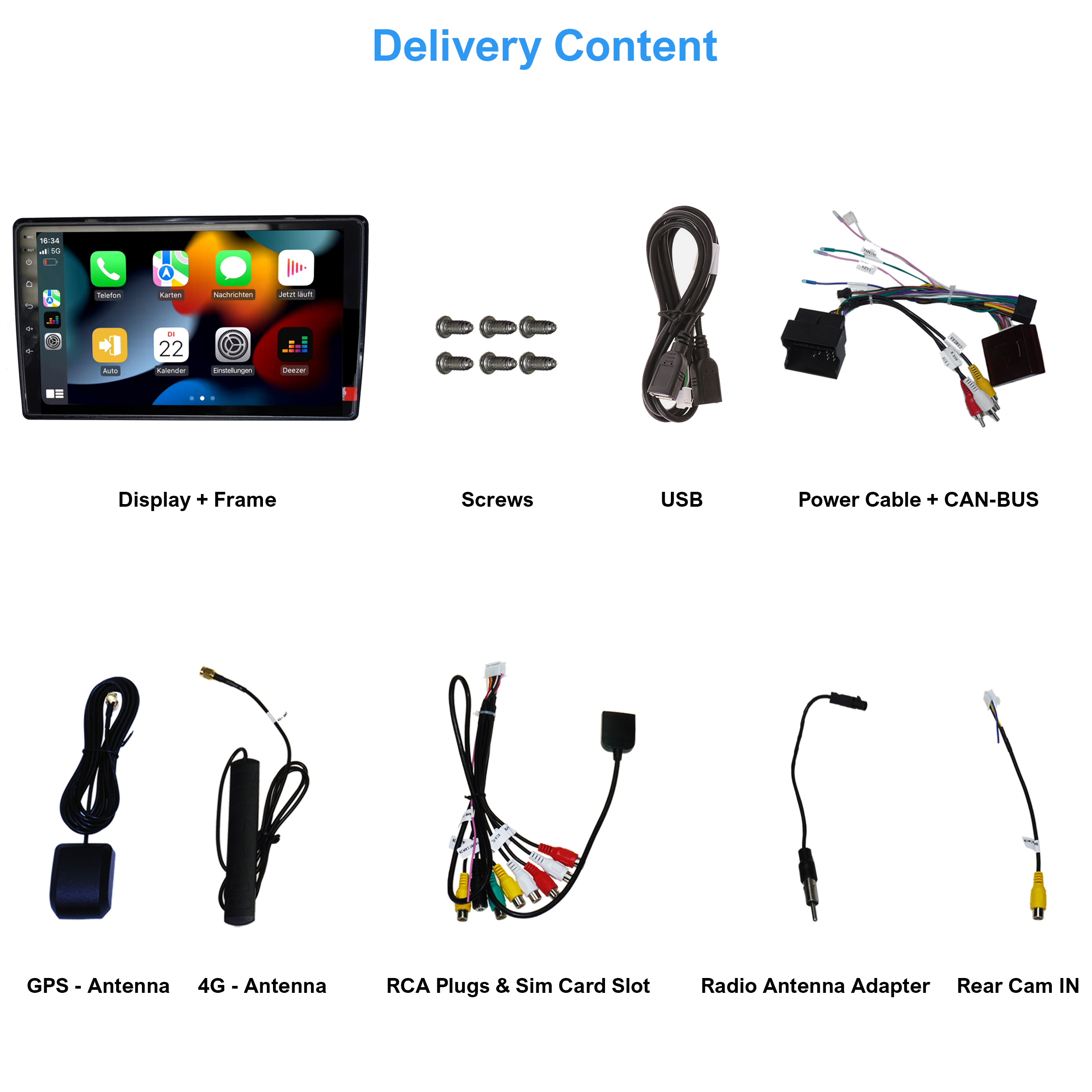 Autostereo-Systemteile, einschließlich Display, Kabel und Schrauben.