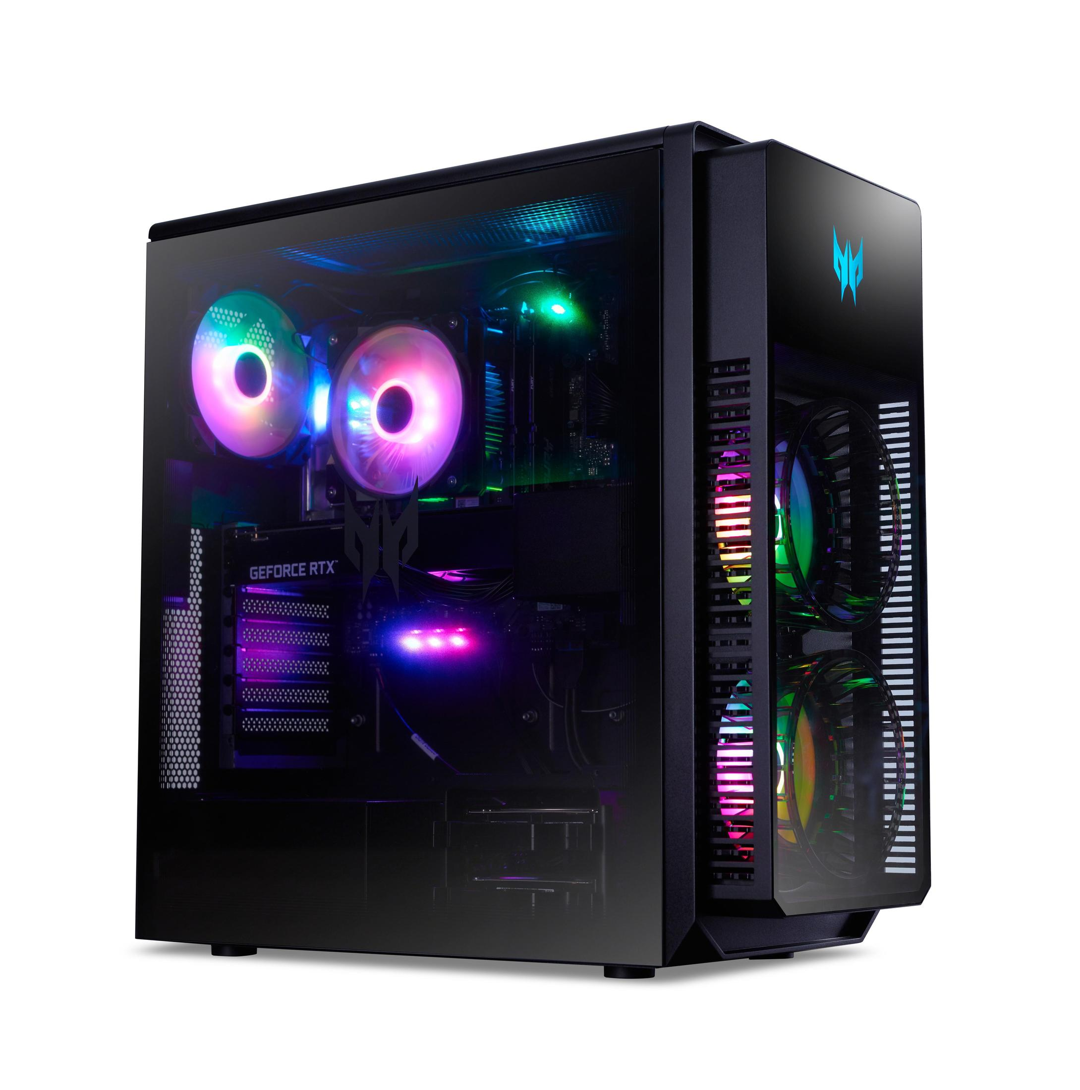 Un case per computer nero con luci colorate all'interno e sulle ventole.
