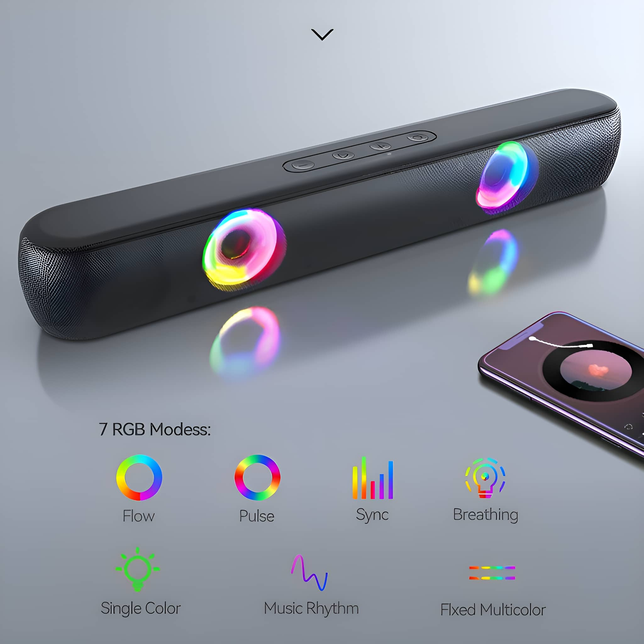Schwarzer Lautsprecher mit bunten RGB-Lichtern. Ein Telefon zeigt Musik an. Mehrere Lichtmodus-Symbole.