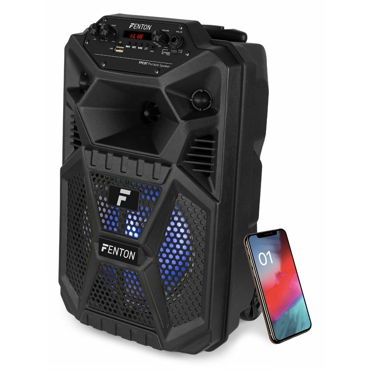 Zwarte luidspreker met een telefoon en blauw licht. Hij heeft bedieningselementen bovenop. De achtergrond is wit.