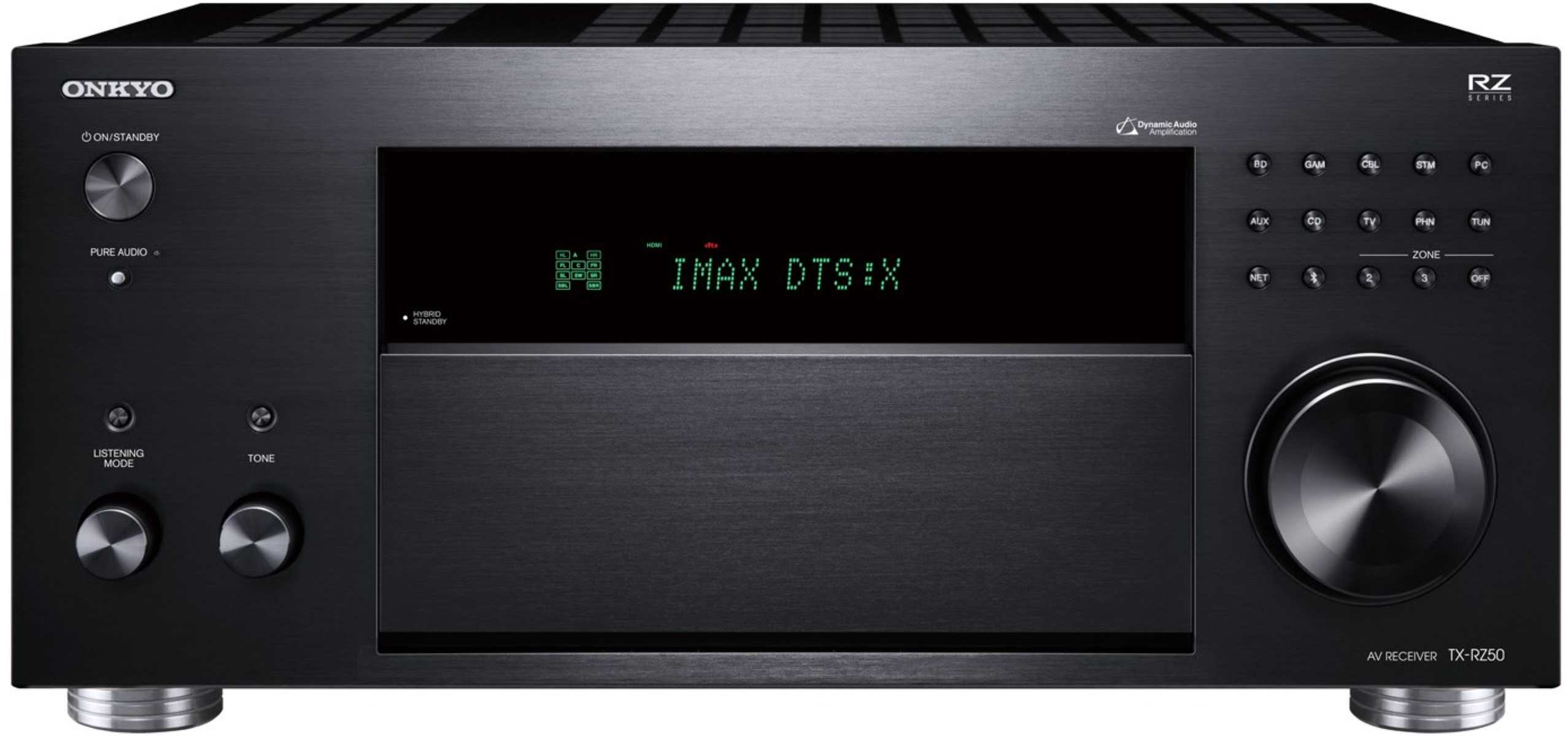 Schwarzer Onkyo AV-Receiver mit Display. Zeigt IMAX DTS:X an. Hat Knöpfe und einen Knopf.
