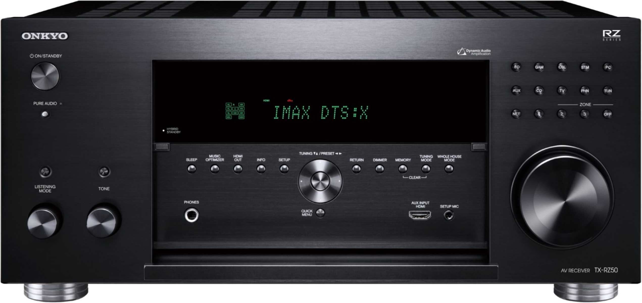 Schwarzer AV-Receiver mit Display, das Text anzeigt, verschiedene Knöpfe und Regler.