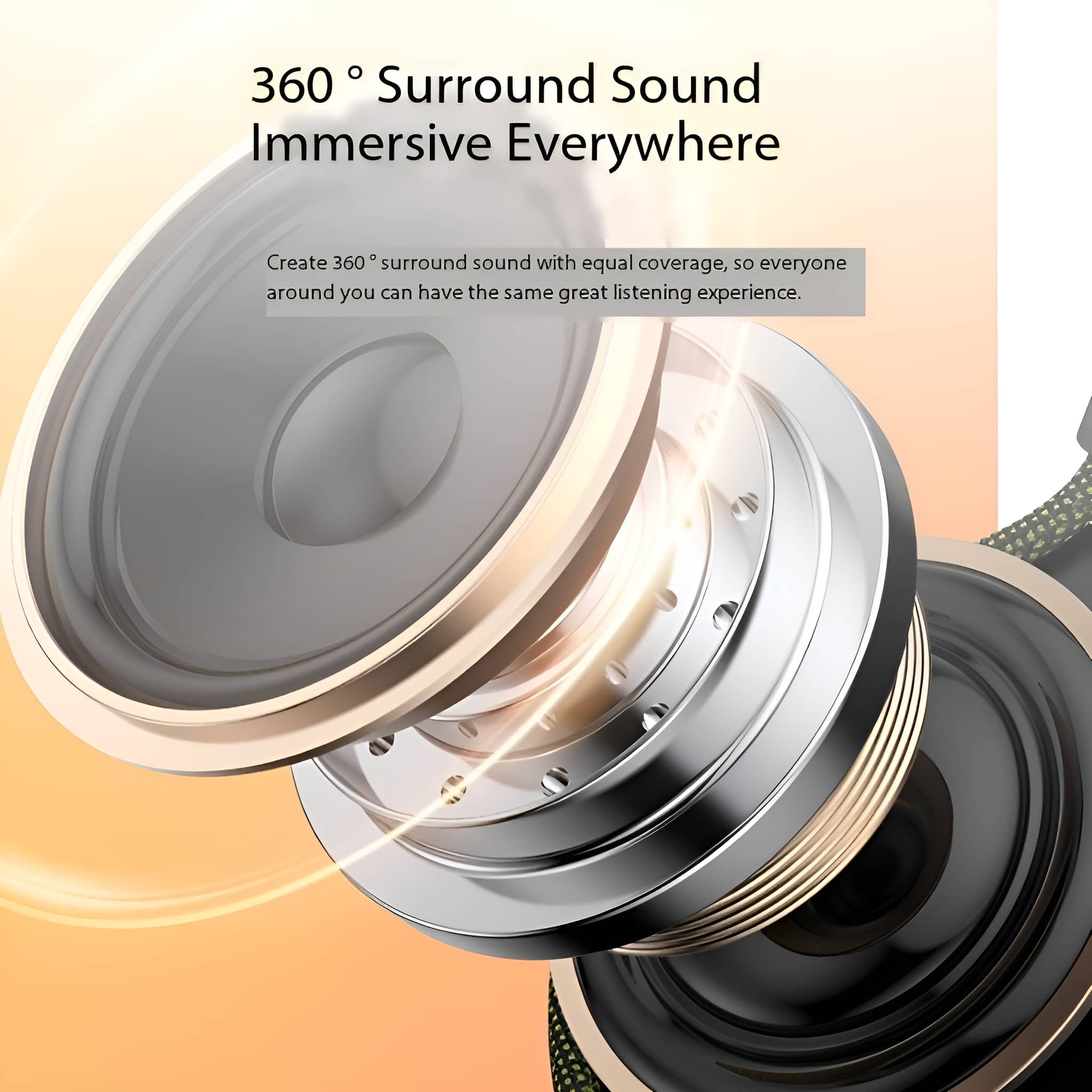 Lautsprecher mit 360°-Surround-Sound, mit weißem Hintergrund.