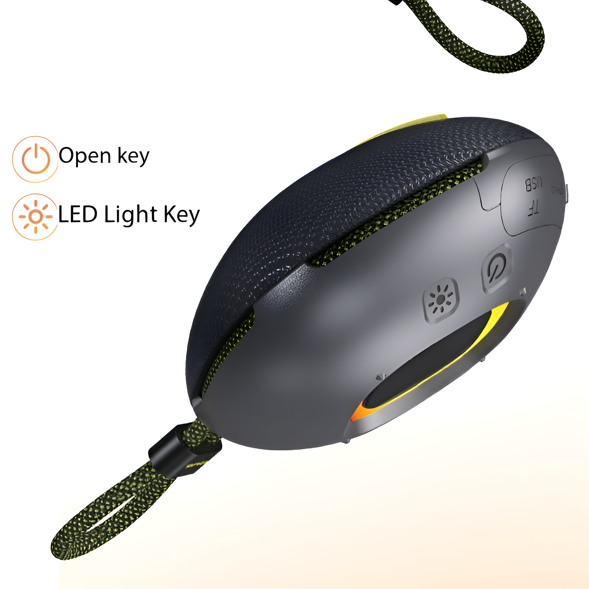 Eine kabellose Maus mit Kabel wird mit den Bezeichnungen „Open key“ und „LED Light Key“ gezeigt.
