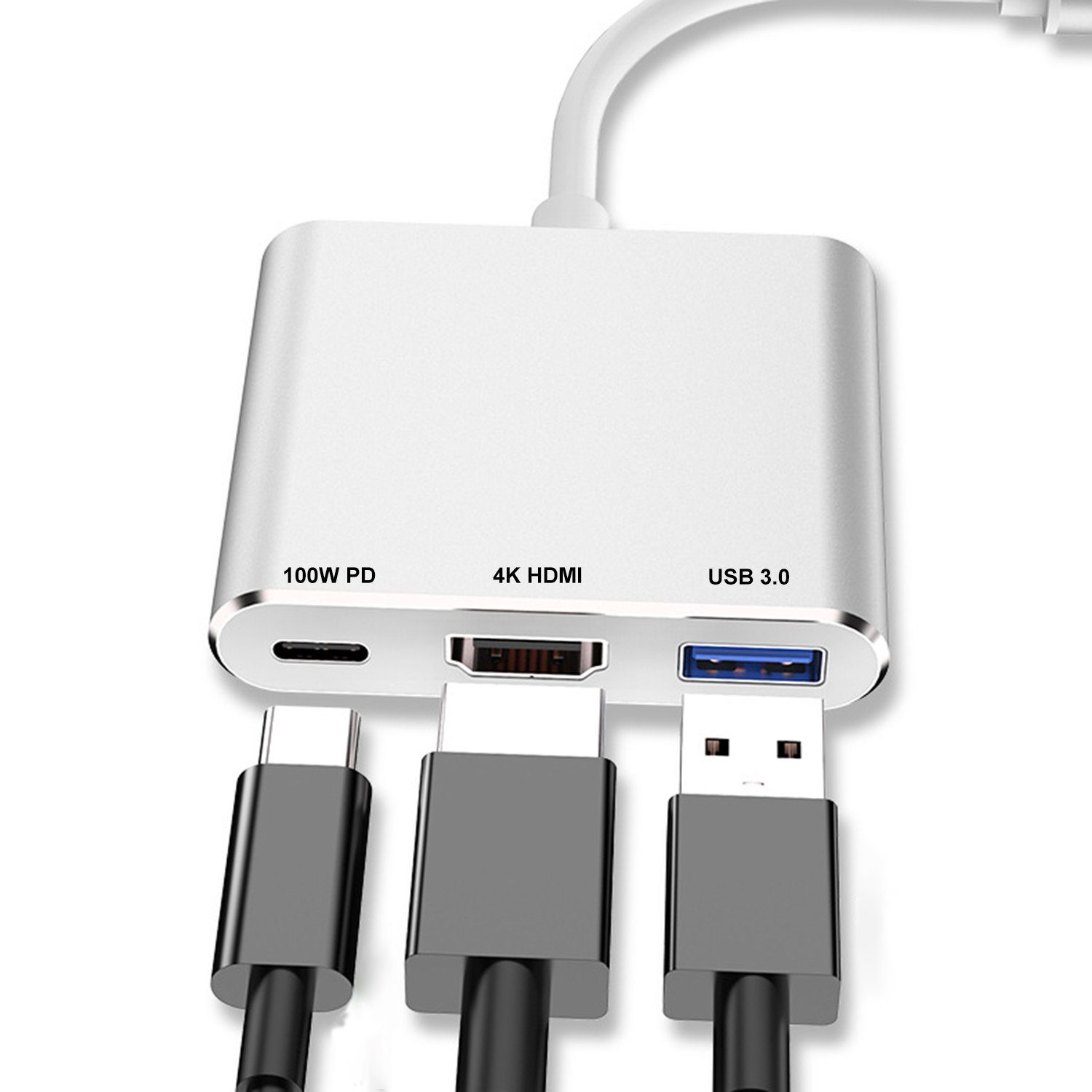 Ein weißer USB-Hub mit mehreren Anschlüssen: USB 3.0, 4K HDMI und 100W PD. Schwarze Kabel sind angeschlossen.