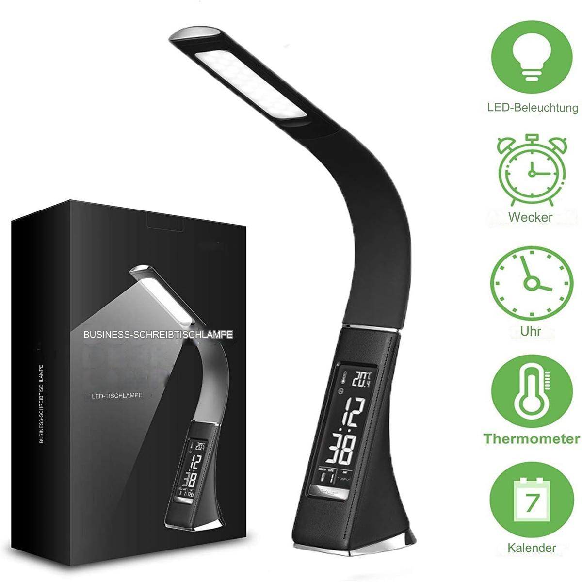 Eine schwarze Schreibtischlampe mit gebogenem Hals und Digitalanzeige. Inklusive Uhr, Kalender und Thermometer.