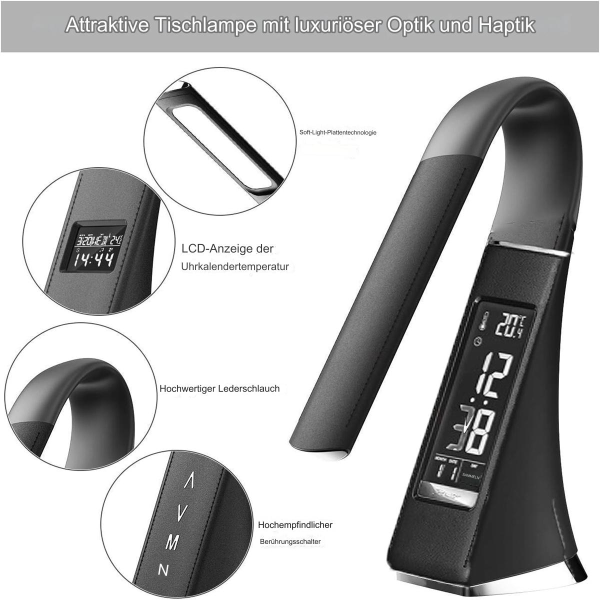 Schwarze Schreibtischlampe mit LCD-Anzeige und Touch-Bedienelementen. Details umfassen einen flexiblen Hals und einen schwarzen Sockel.