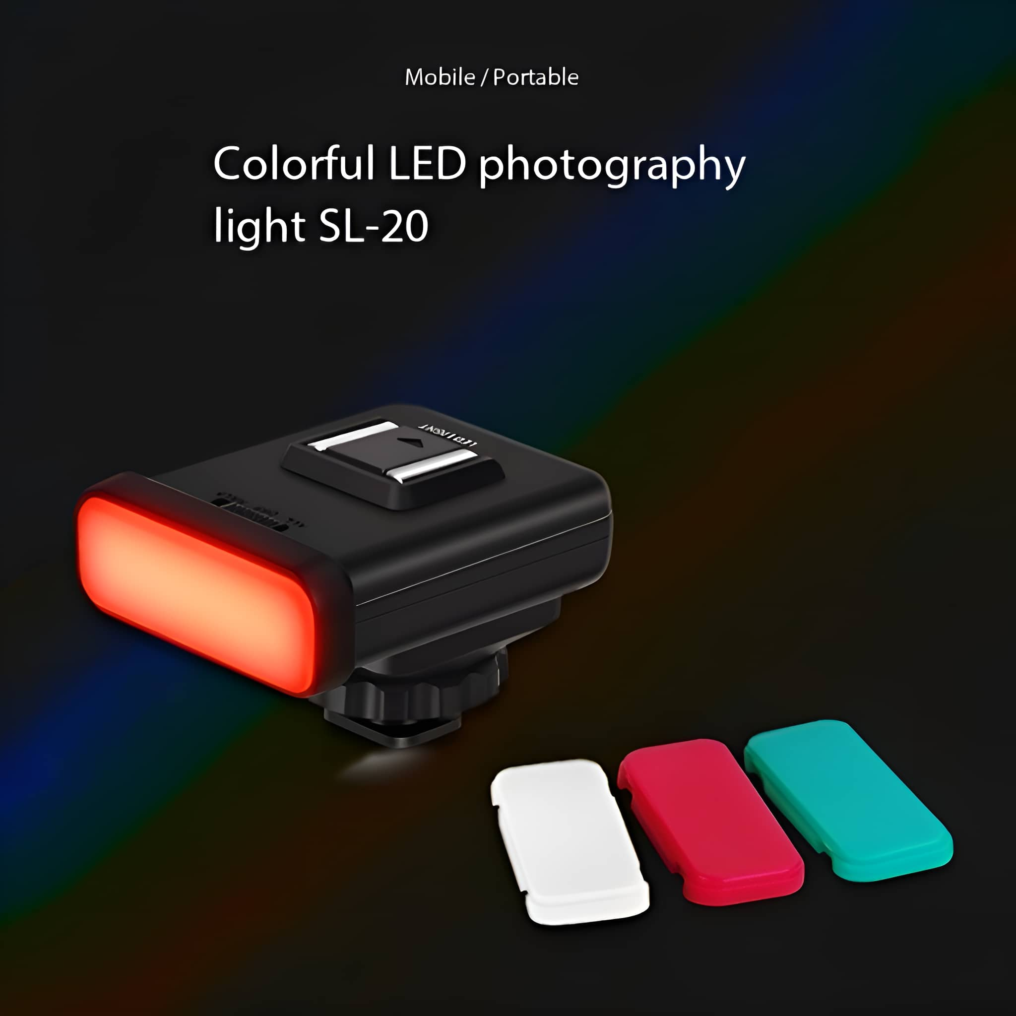 Schwarzes LED-Fotografie-Licht mit rotem Licht. Drei Farbcover darunter. Text: Buntes LED-Fotografielicht.