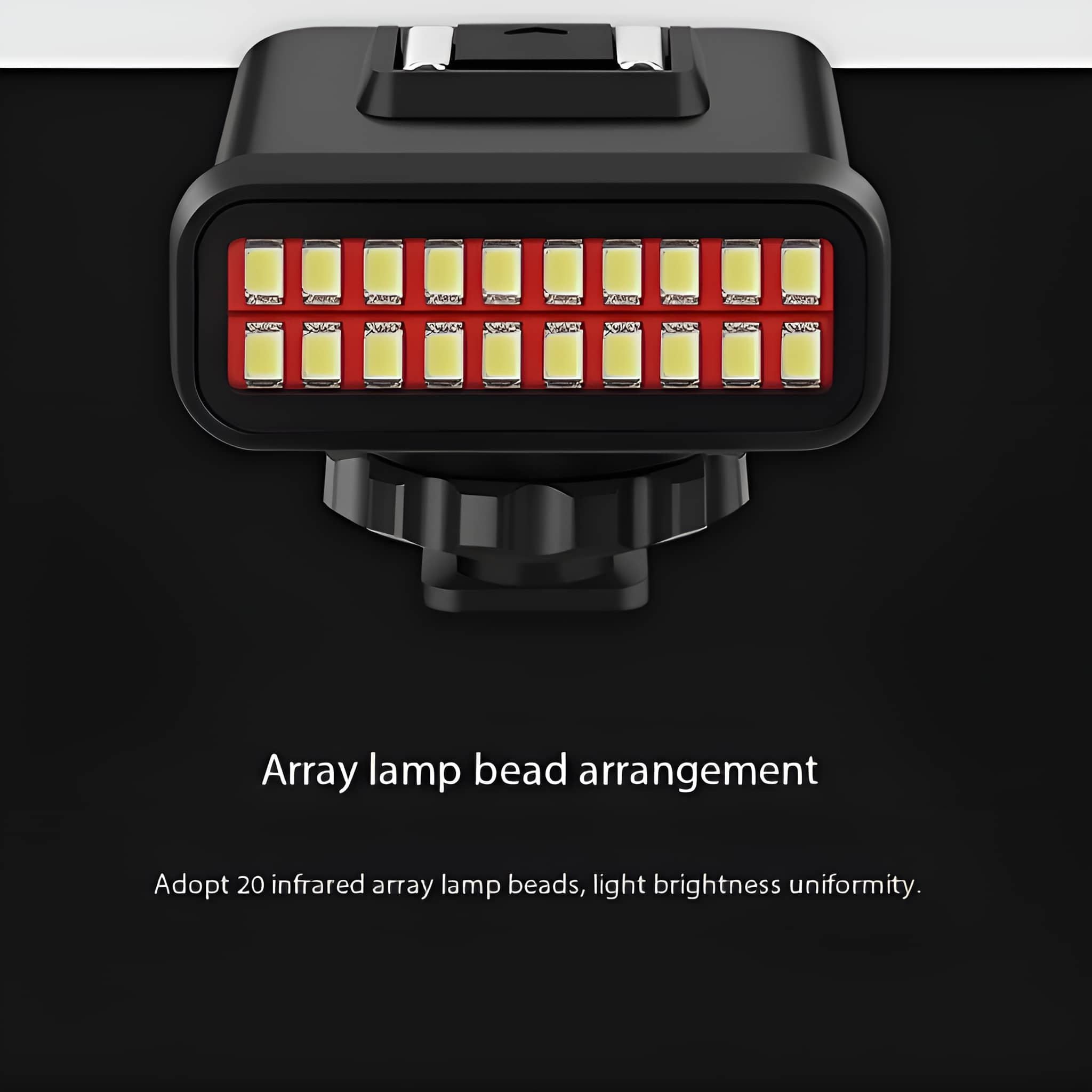 Eine schwarze Lampe mit 20 LED-Leuchten, angeordnet in zwei Reihen von je 10.