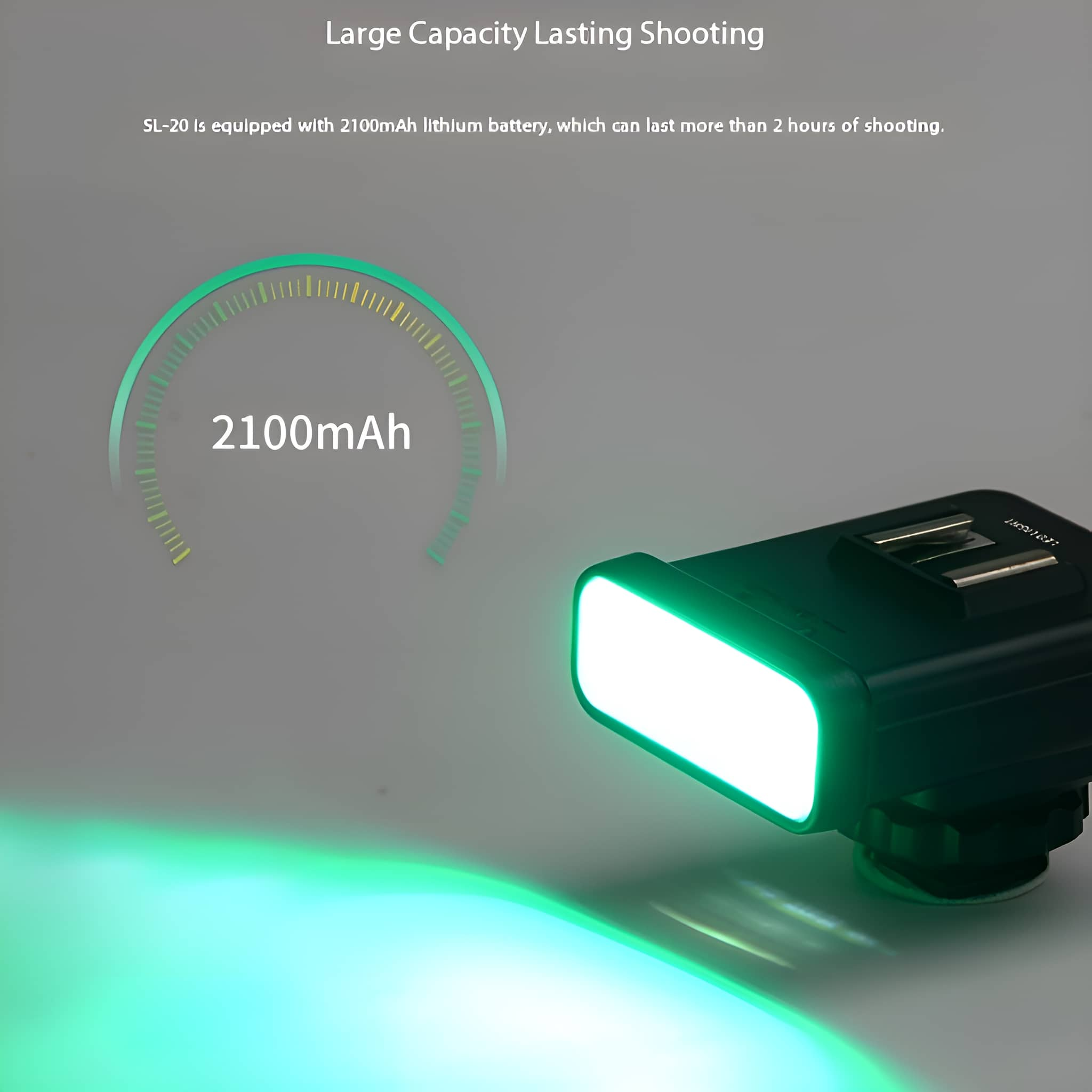 Grünes Licht und Text für einen 2100mAh Akku, grüner Lichteffekt.