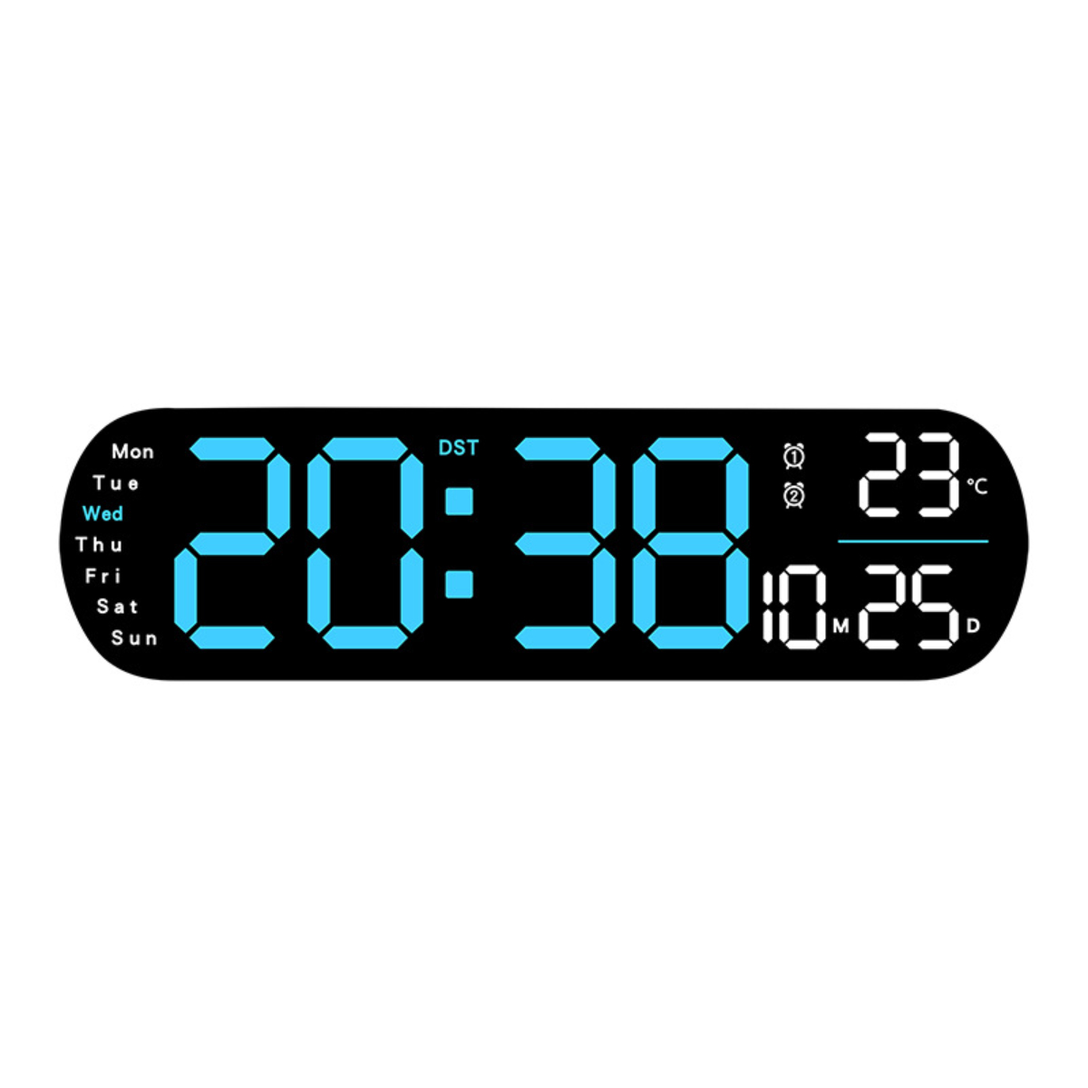Digitaluhr mit 20:38, Tag und Temperatur. Das Zifferblatt ist schwarz, die Zahlen blau.