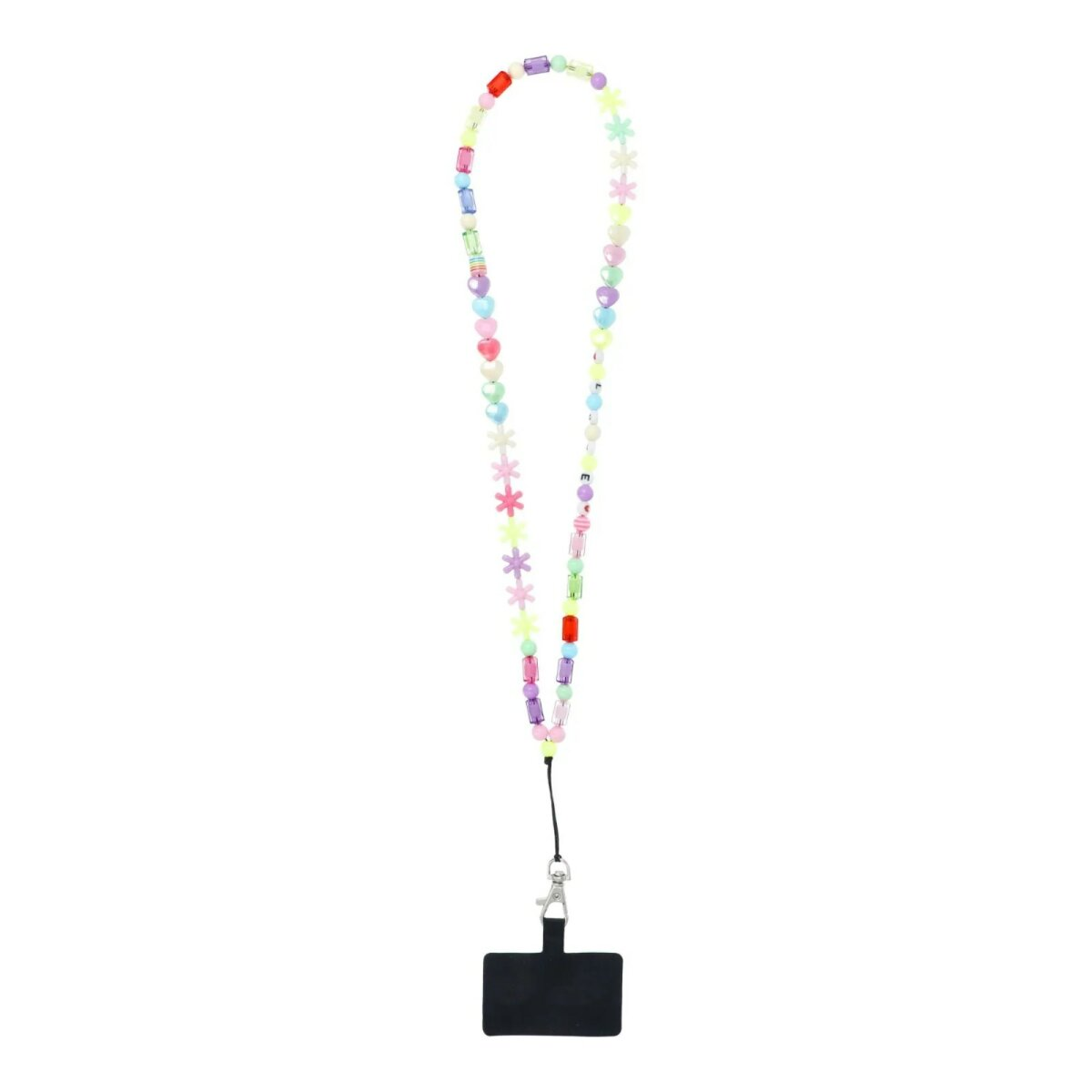 Ein farbenfrohes, mit Perlen besetztes Telefon-Lanyard mit einem schwarzen Telefonhalter, vor weißem Hintergrund.