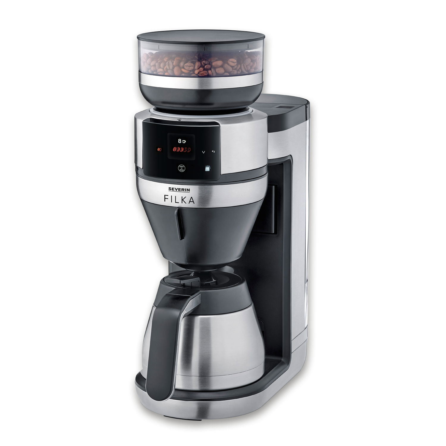 Coffee maker with grinder. It has a black and silver design. Coffee beans visible.