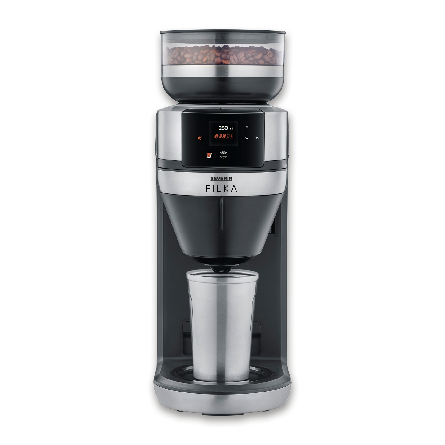 A coffee machine with a bean container, a display, and a thermal cup.