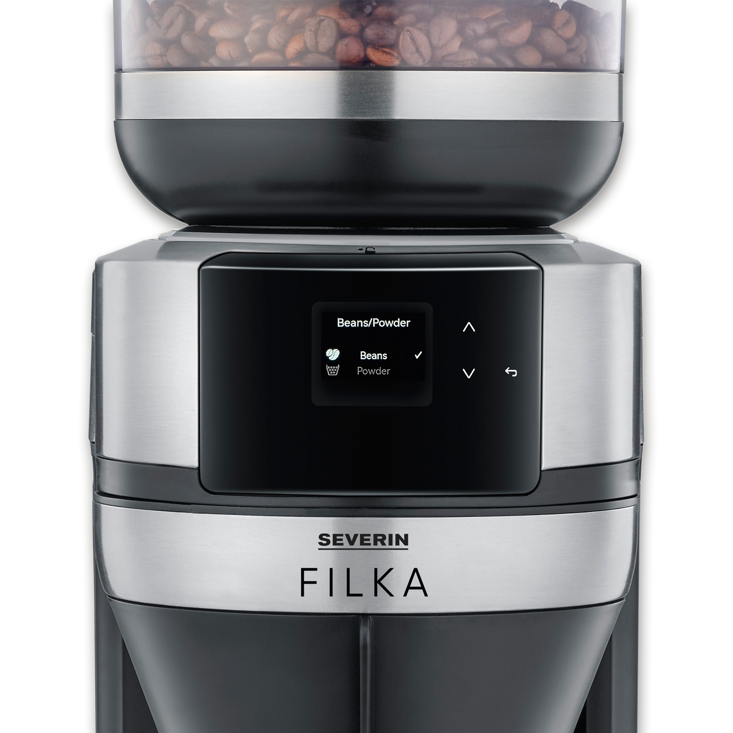 Coffee machine with display. Beans/powder option. Severin and Filka labels on the machine.