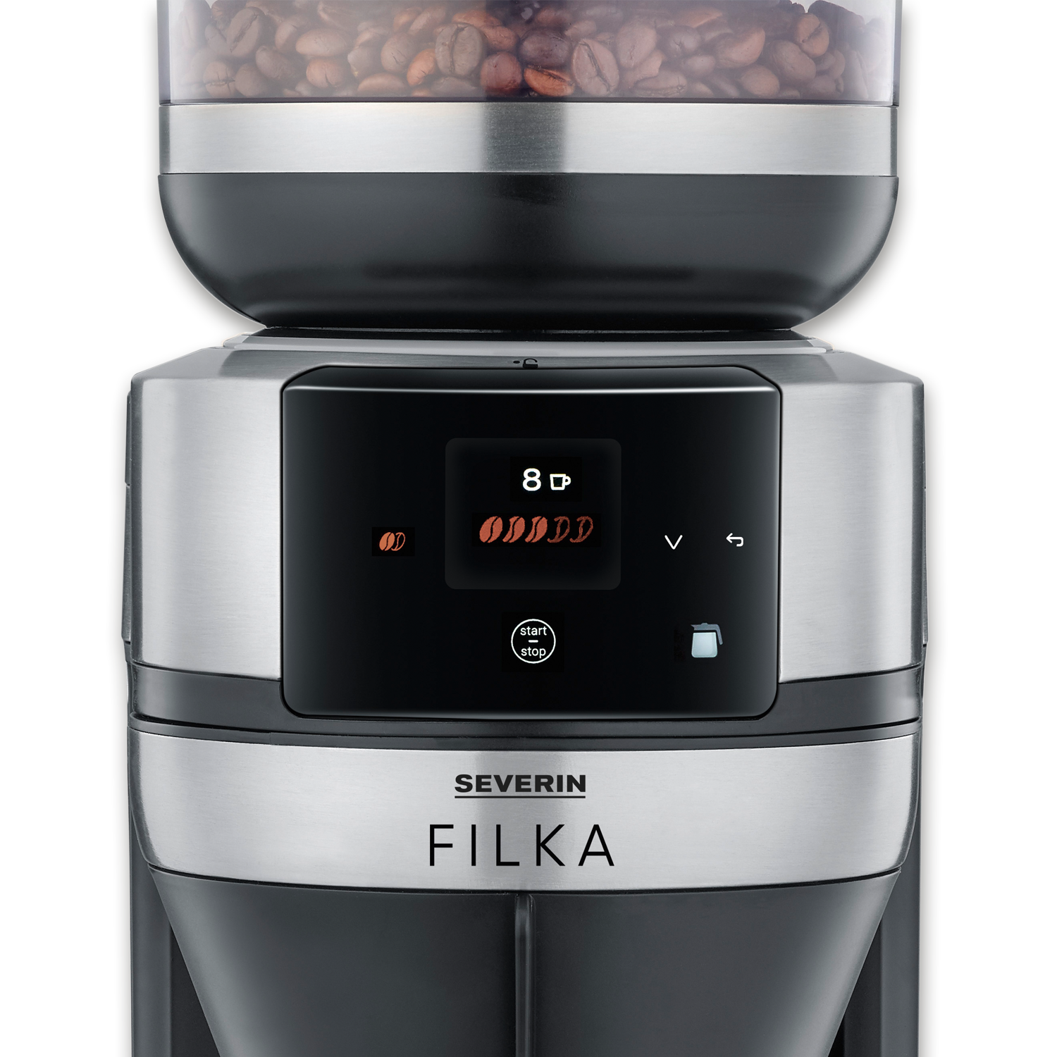 Close-up of a coffee grinder with digital display and start/stop button.