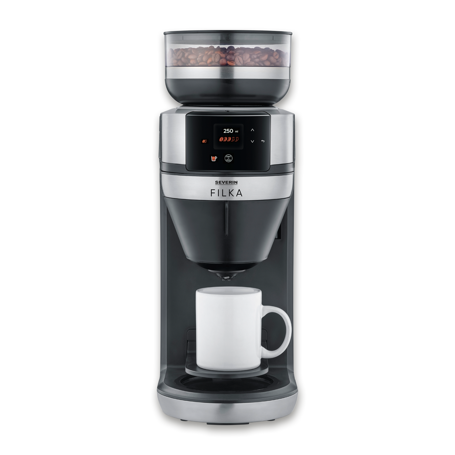 A coffee machine with a bean container on top and a mug underneath.