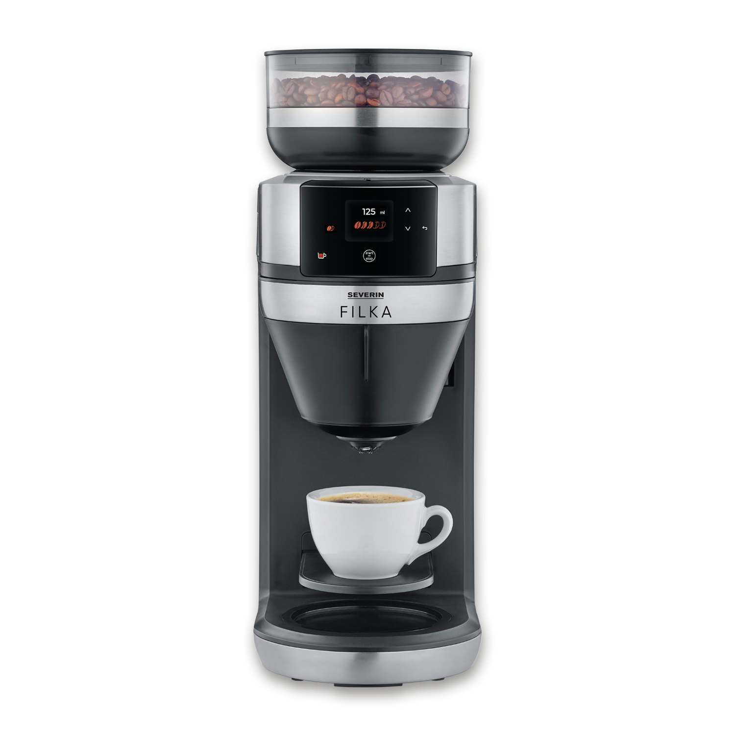 Coffee machine with beans on top, touchscreen, and a cup of coffee. Modern design, black and silver.