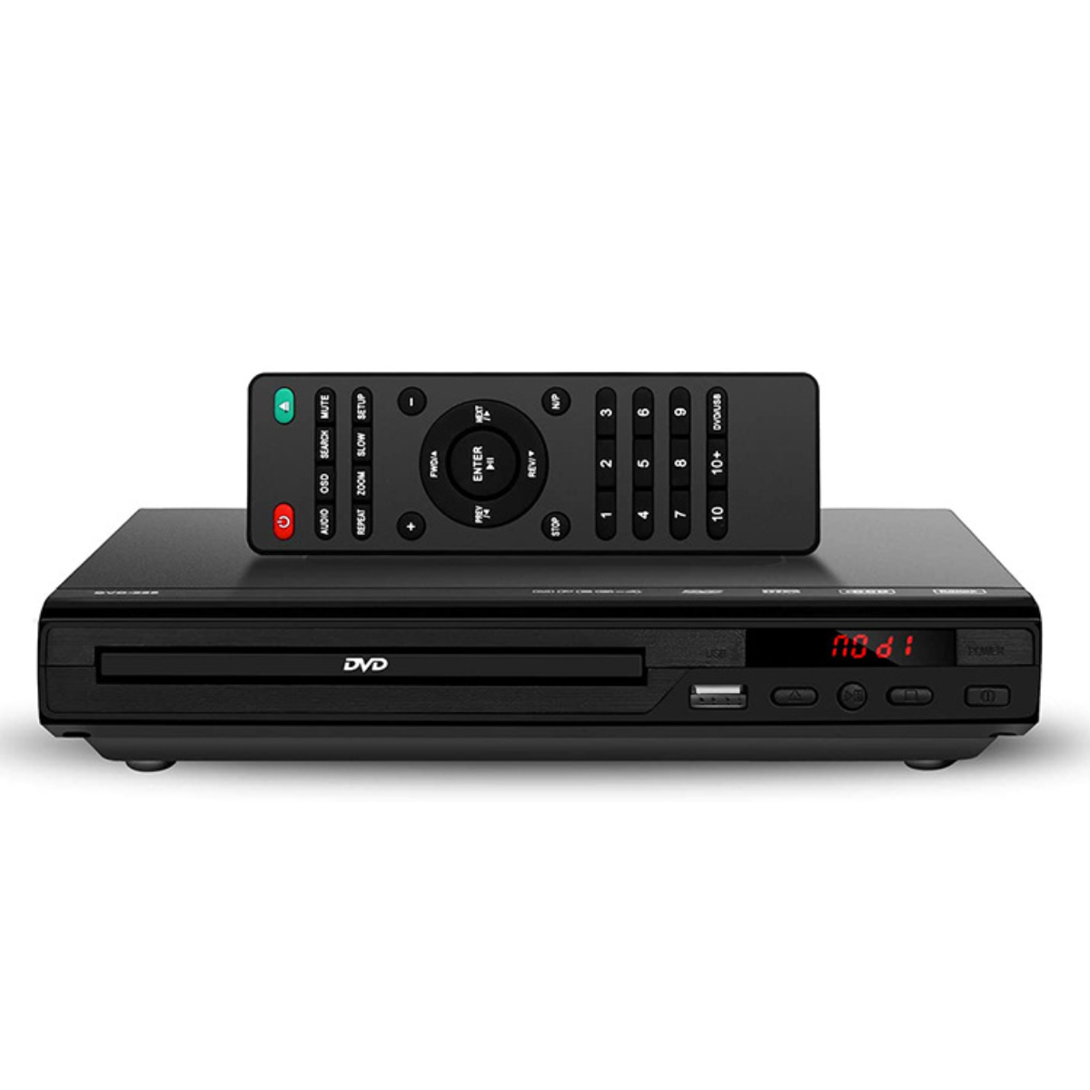Schwarzer DVD-Player mit Fernbedienung oben. Er hat ein Display und Knöpfe.