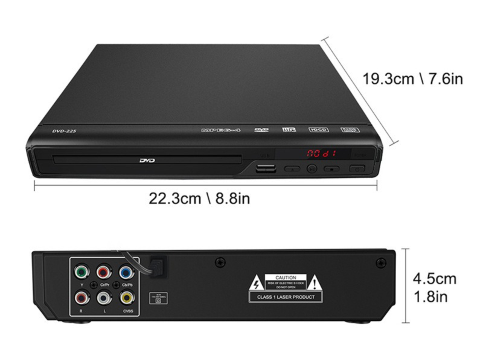 Schwarzer DVD-Player mit Abmessungen. Draufsicht zeigt die Vorderseite, Unteransicht Anschlüsse.