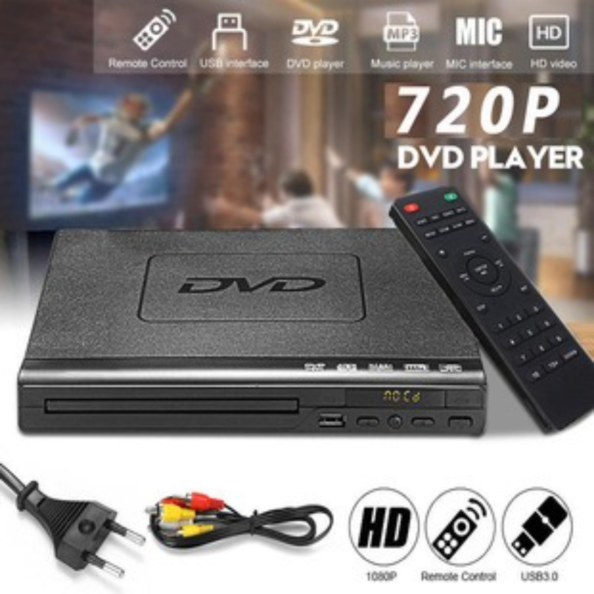 Ein schwarzer DVD-Player mit Fernbedienung, Netzkabel und AV-Kabeln. HD- und USB-Symbole werden gezeigt.