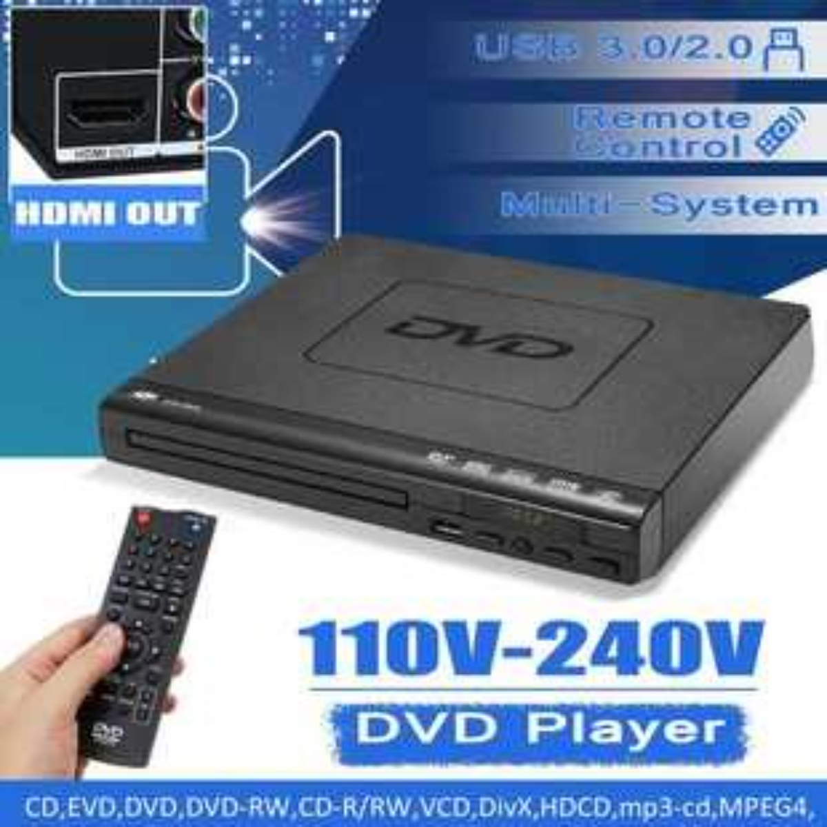 Schwarzer DVD-Player mit Fernbedienung und Text.