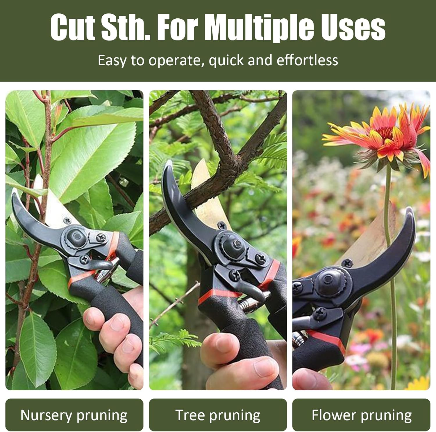 Drei Bilder zeigen Gartenscheren für Baumschulen, Bäume und Blumen. Schwarze Griffe und Klingen sind sichtbar.