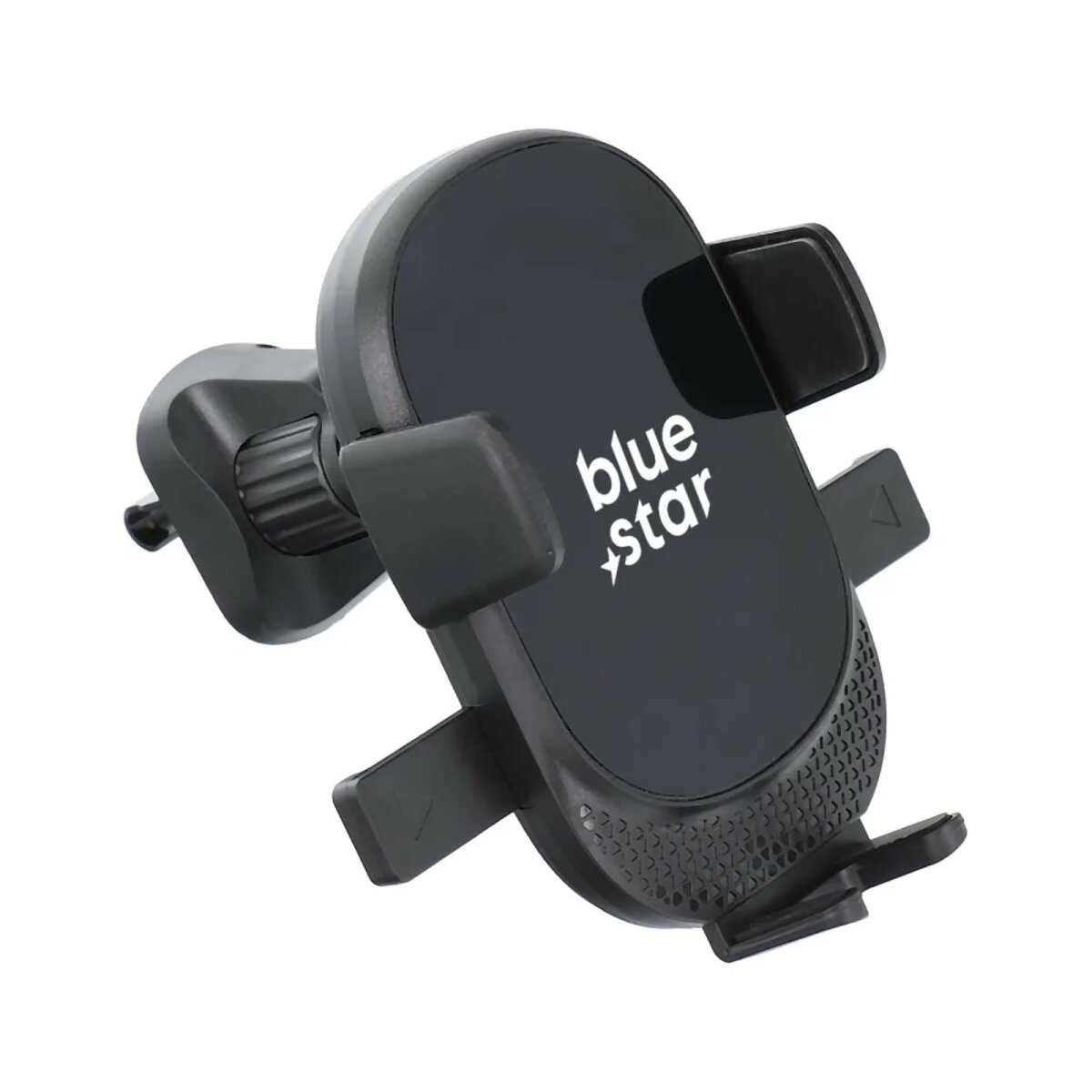 Schwarzer Telefonhalter für das Auto, mit blauem Stern-Logo, verstellbaren Armen, auf Weiß.