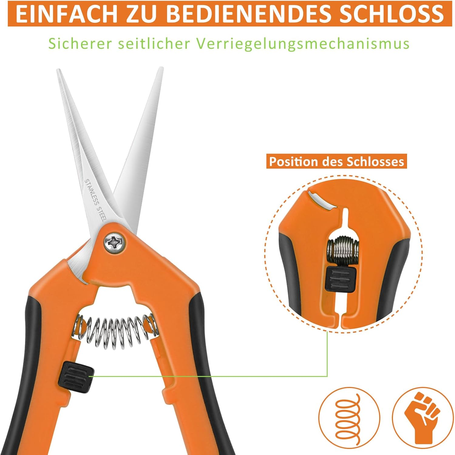 Orangene und silberne Gartenscheren mit schwarzen Griffen und einer Feder.