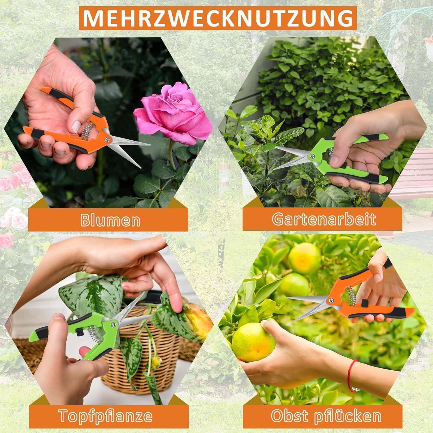 Collage zeigt Scheren beim Schneiden von Blumen, Gartenarbeit, Pflanzen und Obstpflücken.