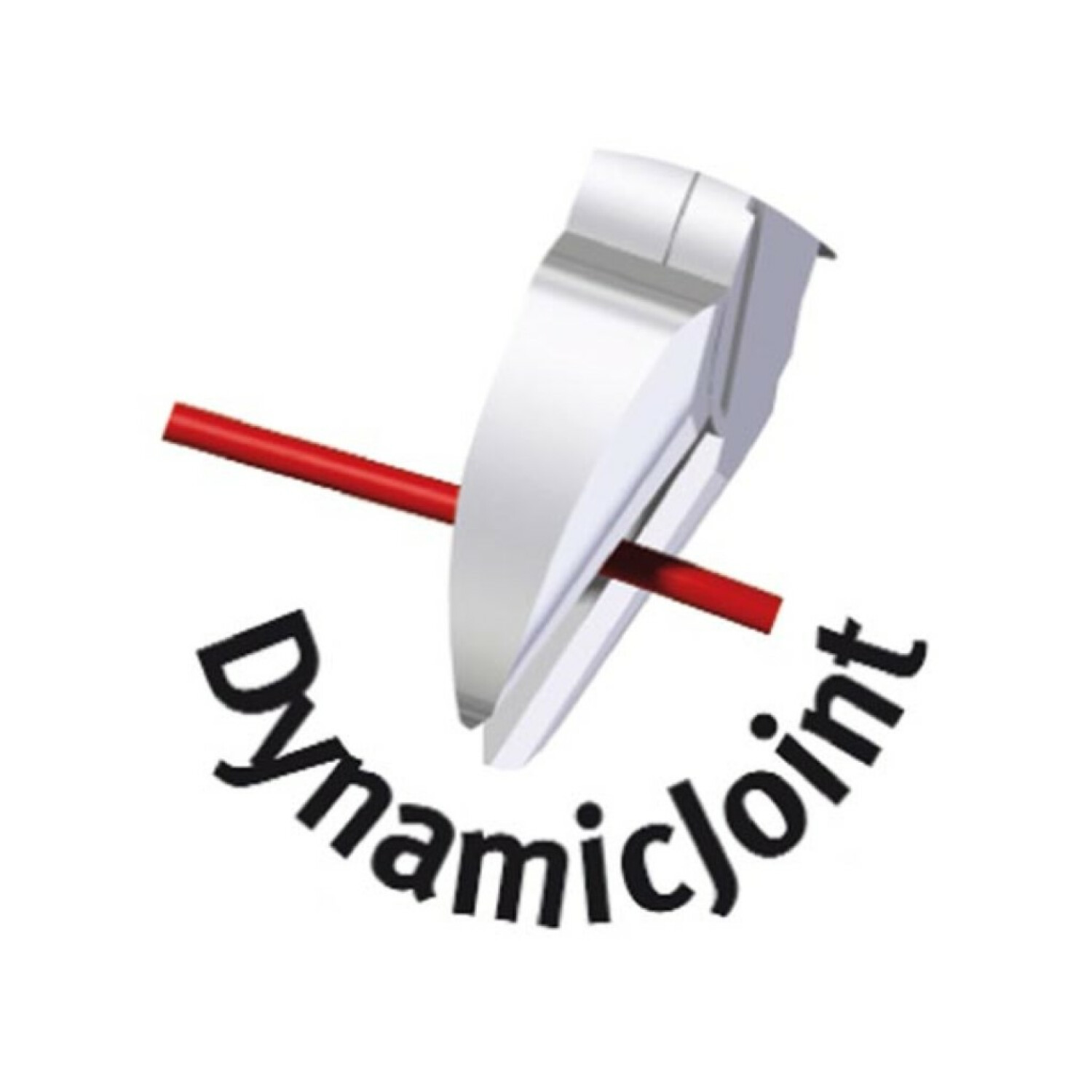Białe i srebrne logo Dynamicjoint z czerwonym paskiem na białym tle.