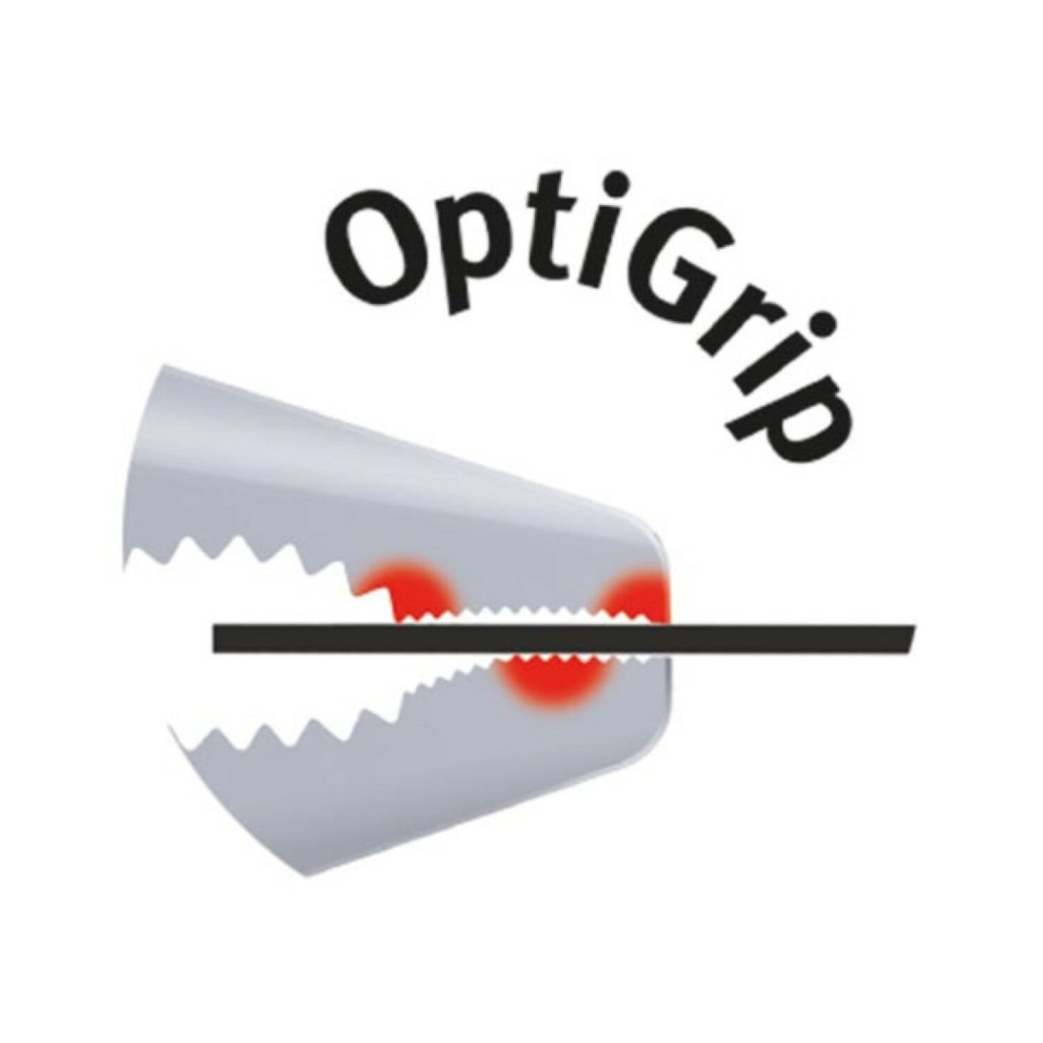 Srebrne narzędzie z tekstem OptiGrip. Przecina czarną linię. Czerwone punkty zaznaczają cięcia.