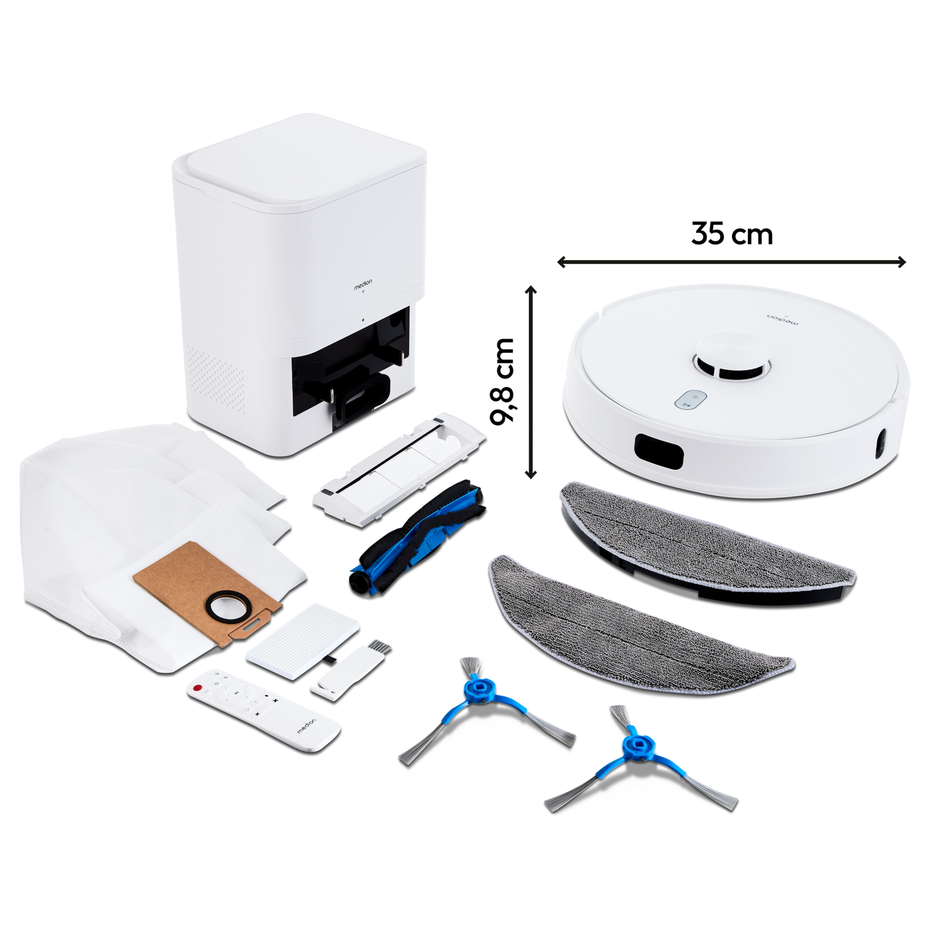 Biały odkurzacz automatyczny z akcesoriami. Pokazano wymiary.