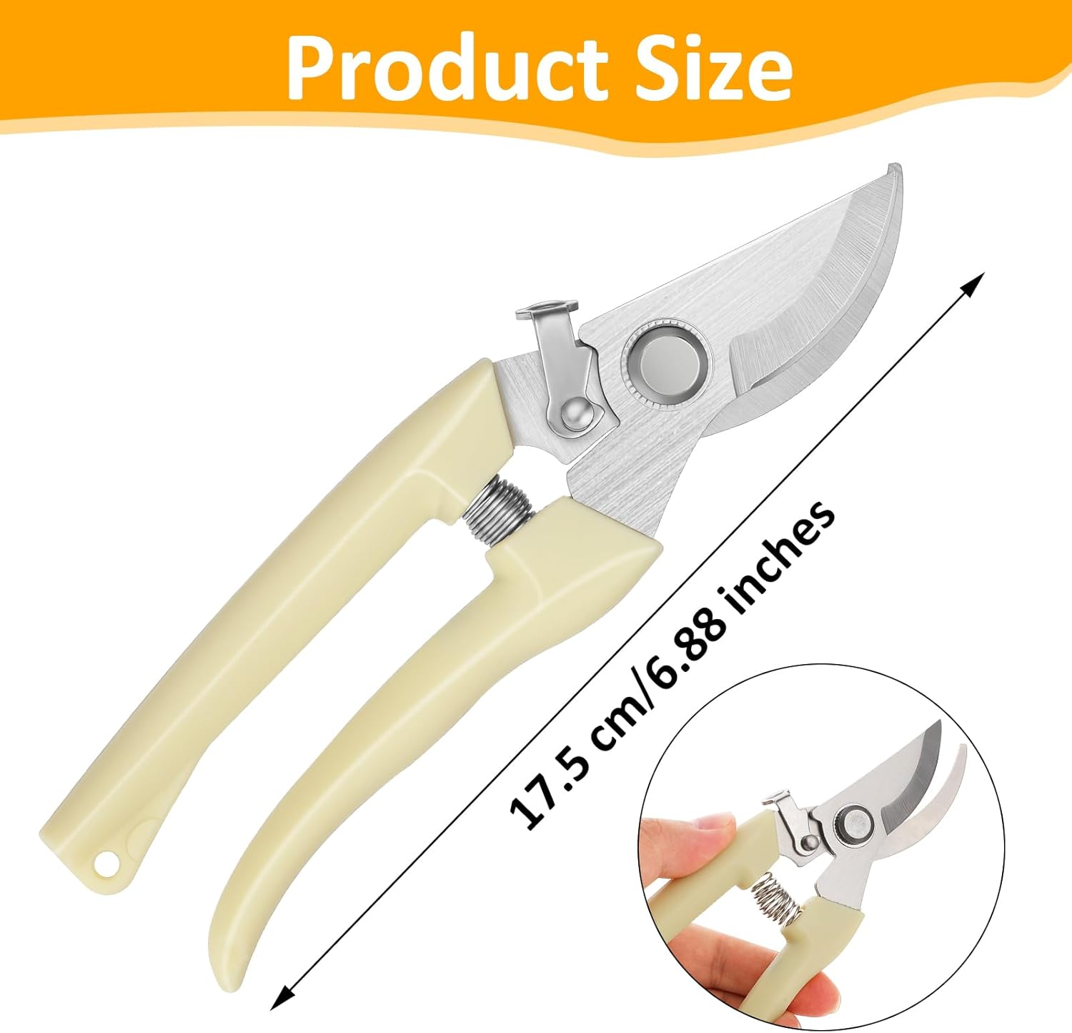 Gartenschere mit beigefarbenen Griffen und einer silbernen Klinge. Produktgröße ist 17,5 cm/6,88 Zoll.