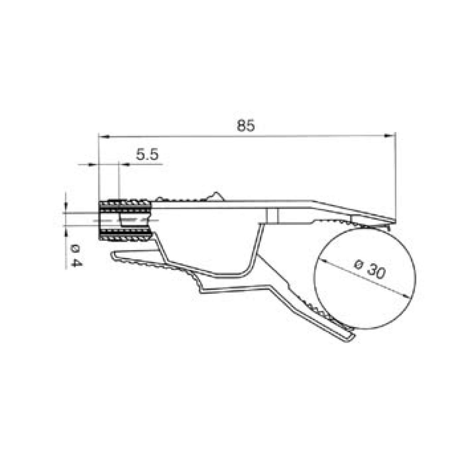 Technische Zeichnung eines Scharniers mit Abmessungen: 85 mm, 5,5 mm und 30 mm Durchmesser.