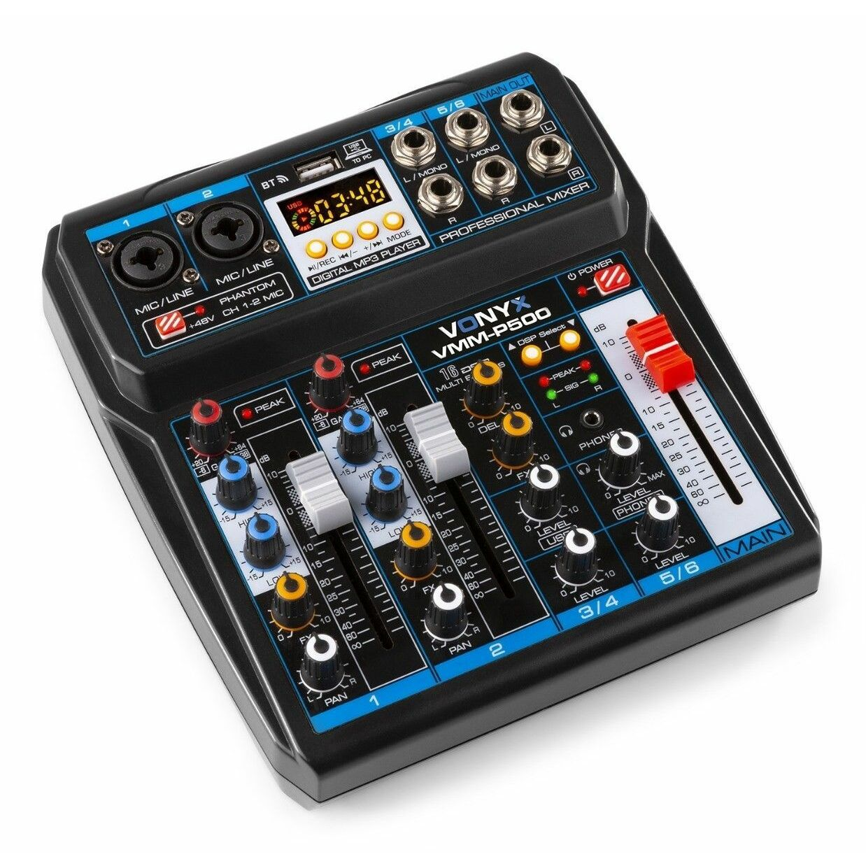 Una mesa de mezclas profesional Vonyx VMM-P500 negra con varias perillas, faders y entradas.