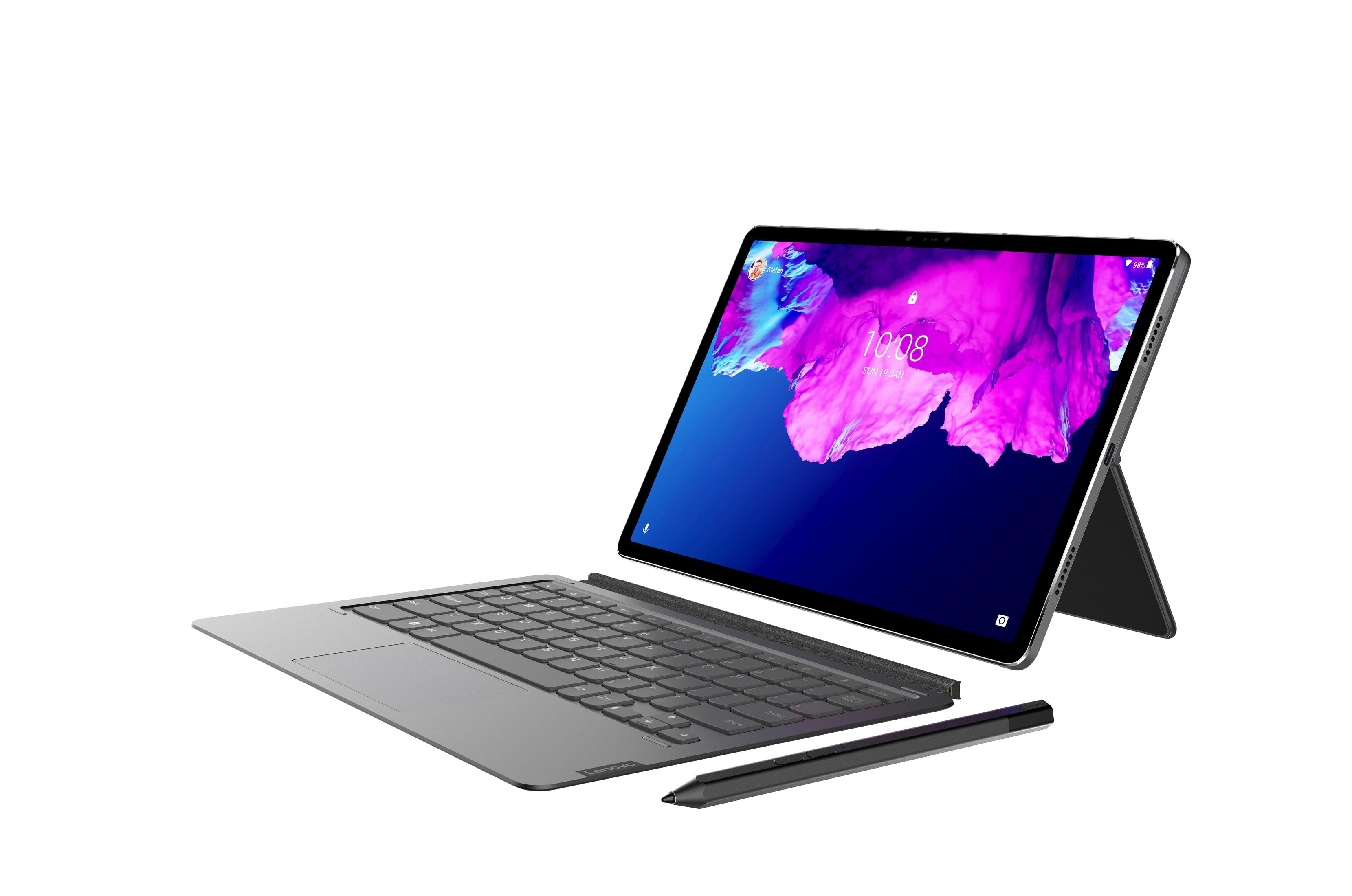 Ein Tablet mit Tastatur und Stift. Der Bildschirm zeigt Zeit und Datum an.