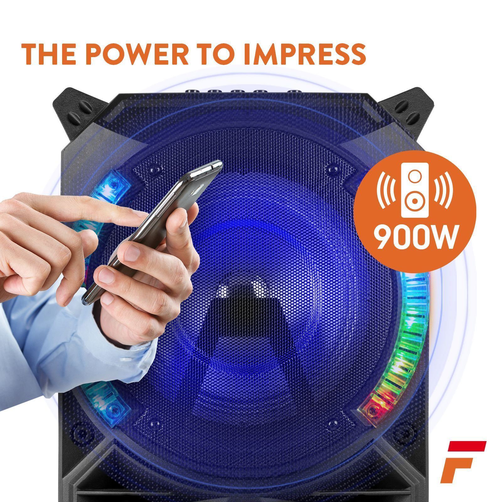 Una persona sostiene un teléfono cerca de un altavoz grande con luces azules y coloridas, texto: 'The Power to Impress'.