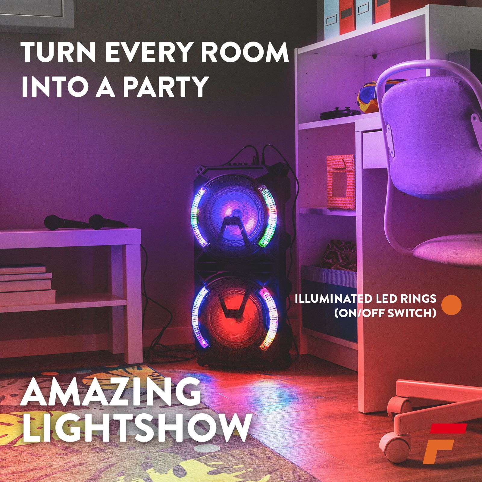 Sistema de altavoces con luces. Texto: Convierte cada habitación en una fiesta. Espectáculo de luces.
