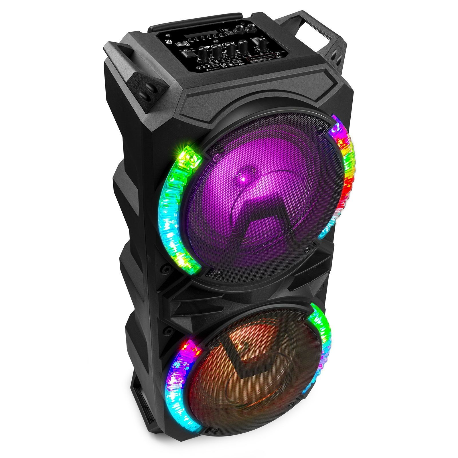 Un altavoz negro con múltiples luces. Es un altavoz alto y negro con muchas luces.