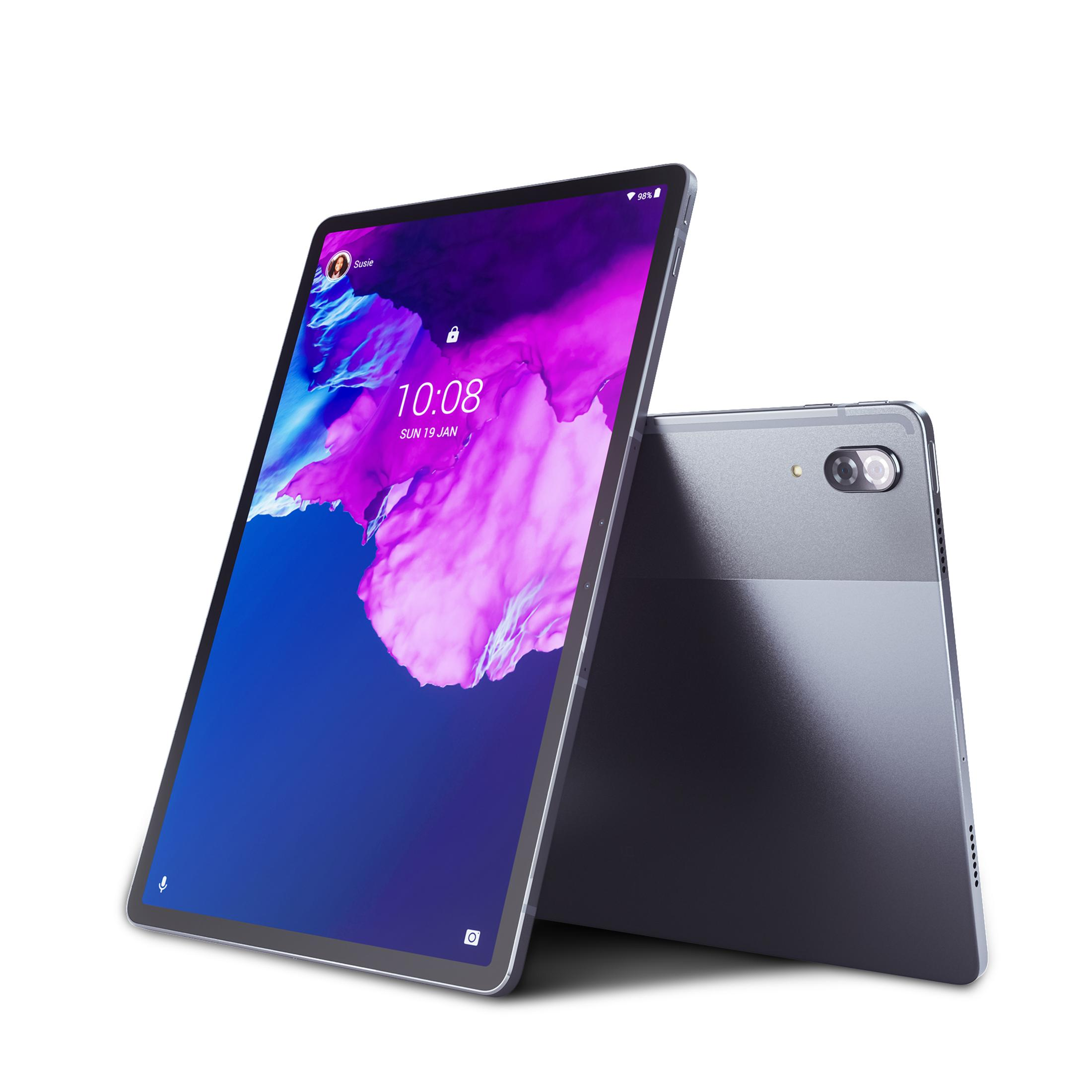 Tablet, angewinkelt, zweifarbiger Rücken. Bildschirm zeigt Zeit, Datum. Ein Tablet liegt auf der Seite.