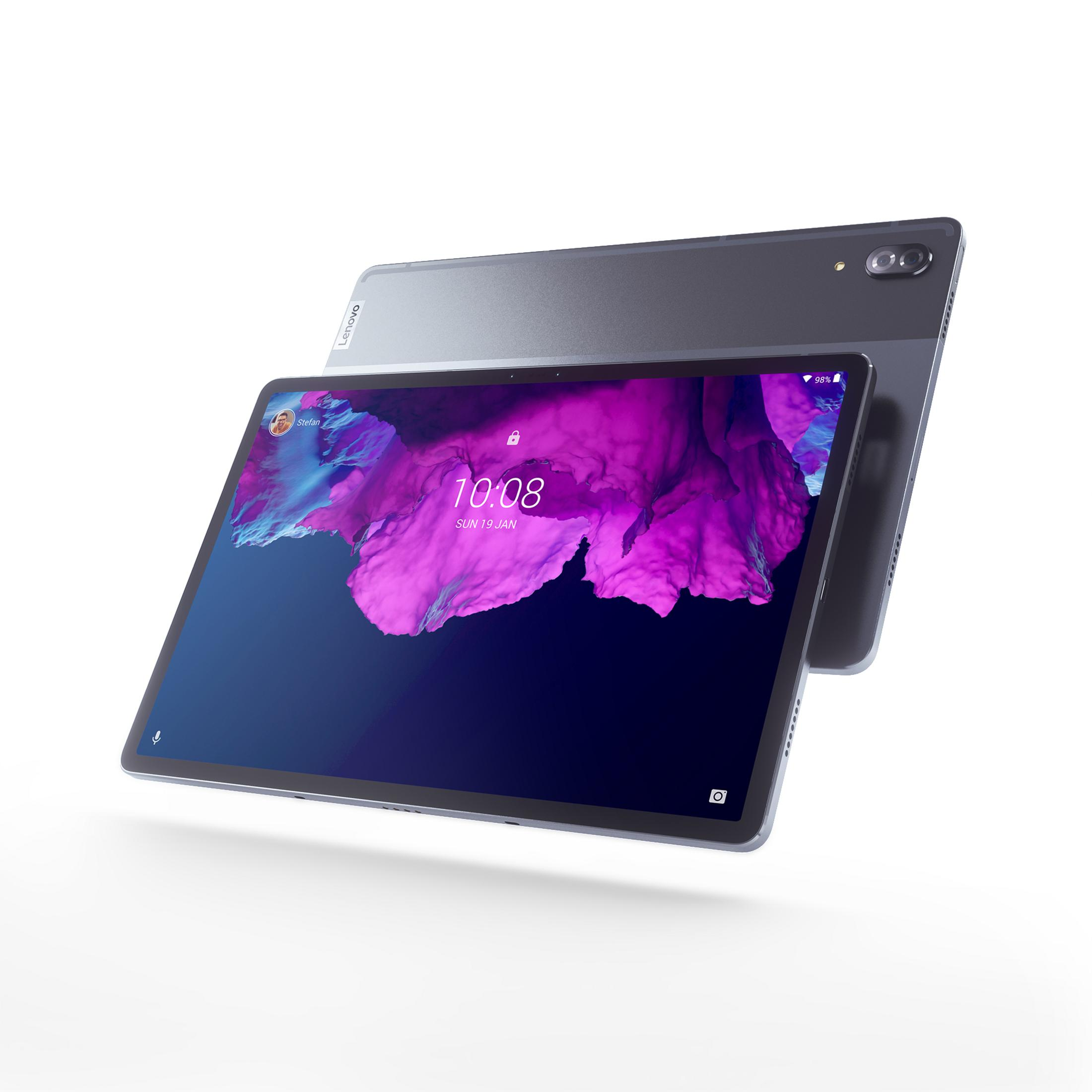 Zwei Tablets. Eines über dem anderen, mit einem Bildschirm mit einem lila Bild.