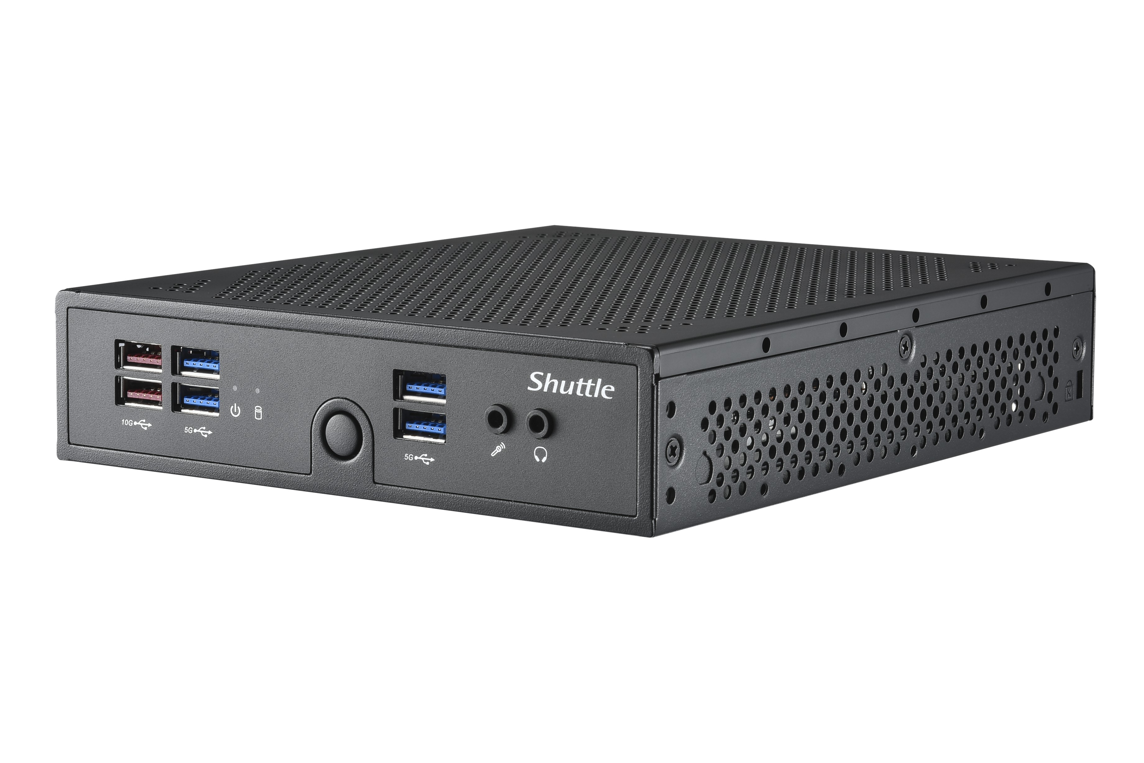 PC Shuttle nero. La parte anteriore ha porte USB, un pulsante di accensione e jack audio. Sfondo bianco.