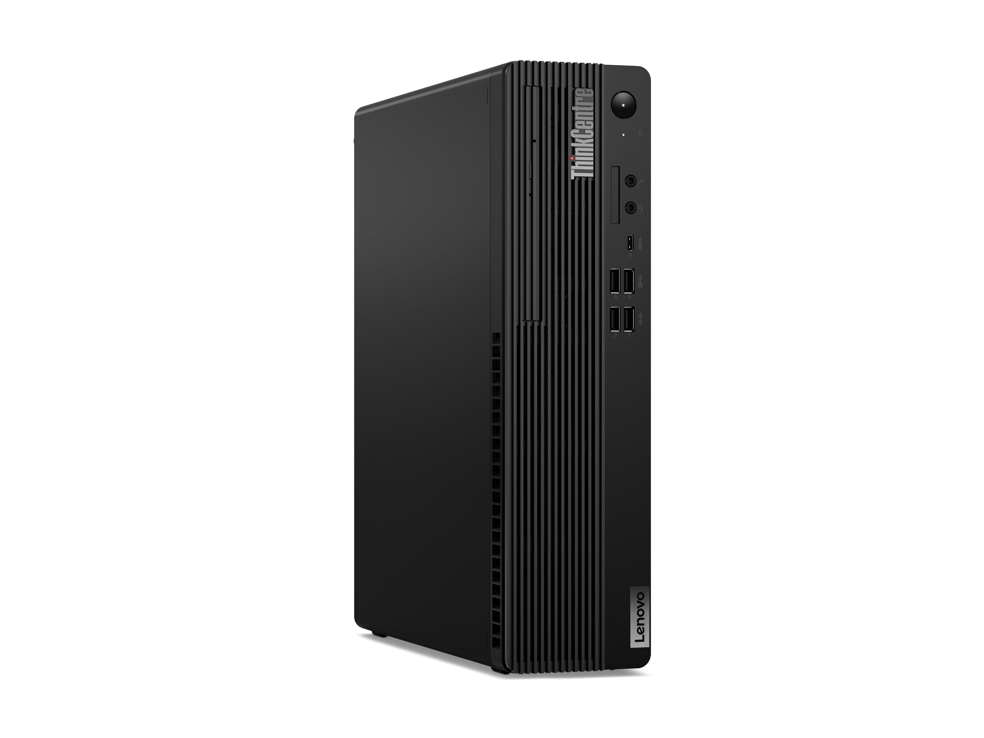 Czarny komputer stacjonarny Lenovo ThinkCentre na białym tle, pokazujący profil przedni i boczny.