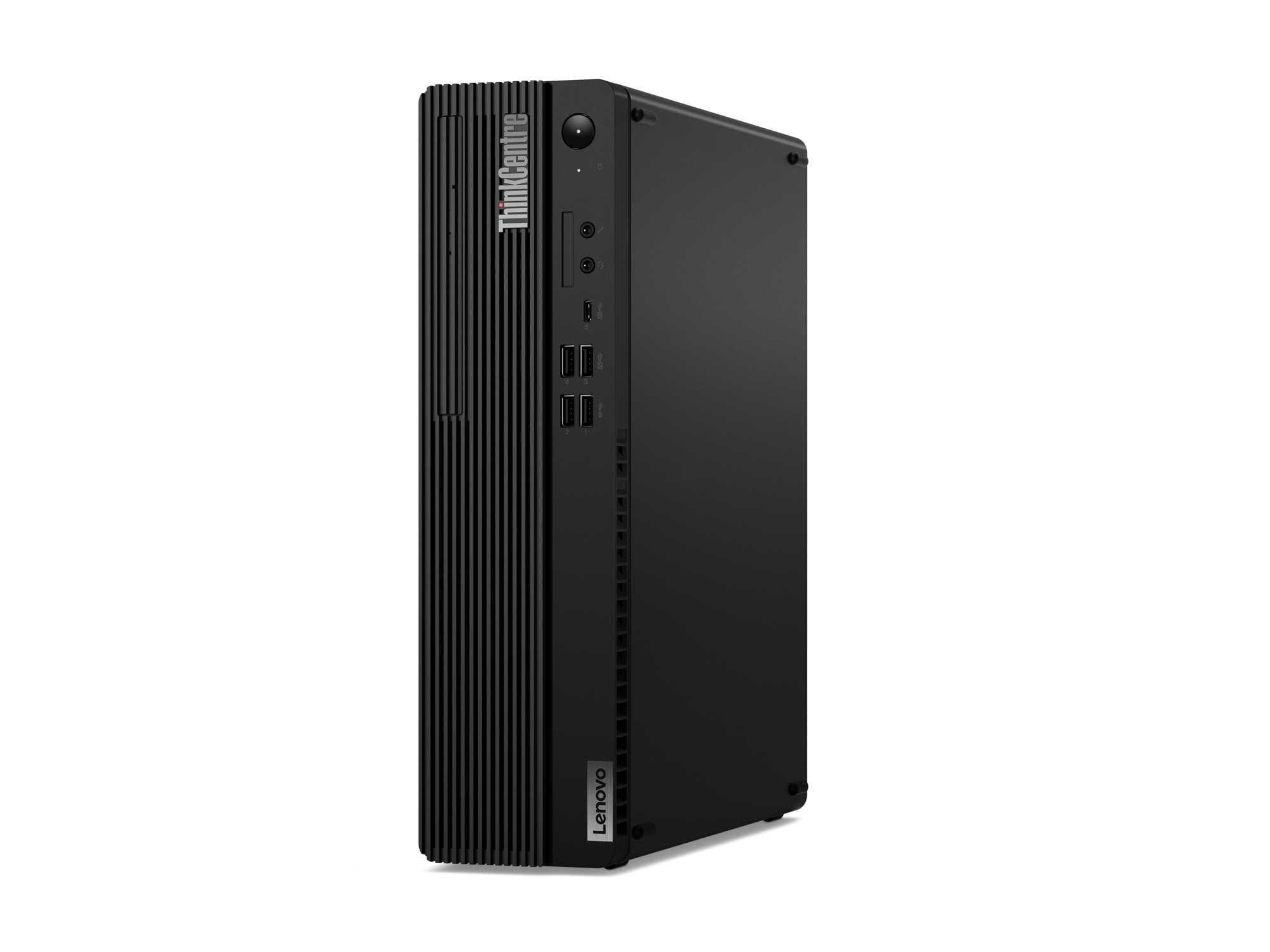 Czarny komputer stacjonarny Lenovo ThinkCentre o prostym designie i różnych portach.