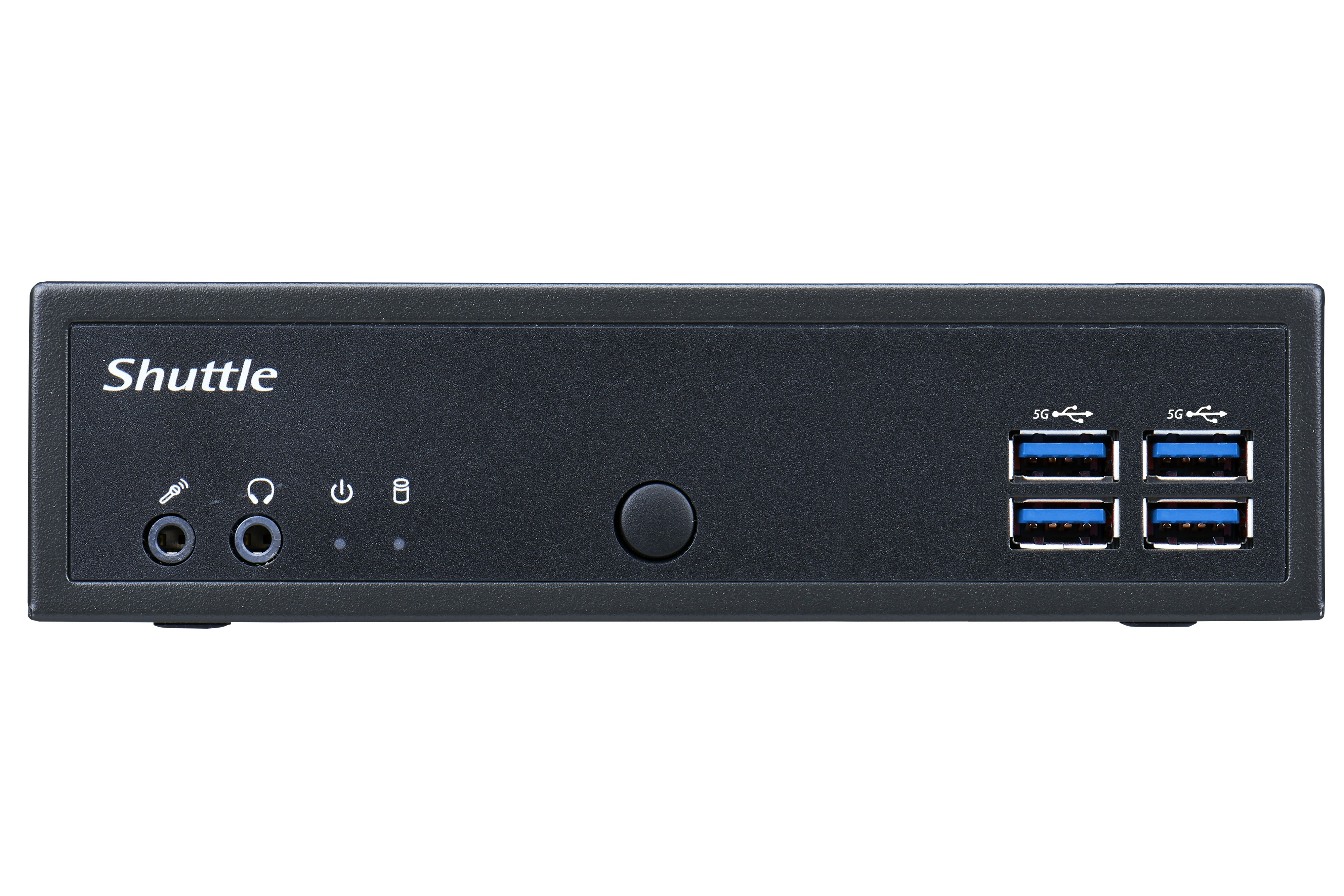 Mini-PC Shuttle nero con porte e logo su sfondo bianco.
