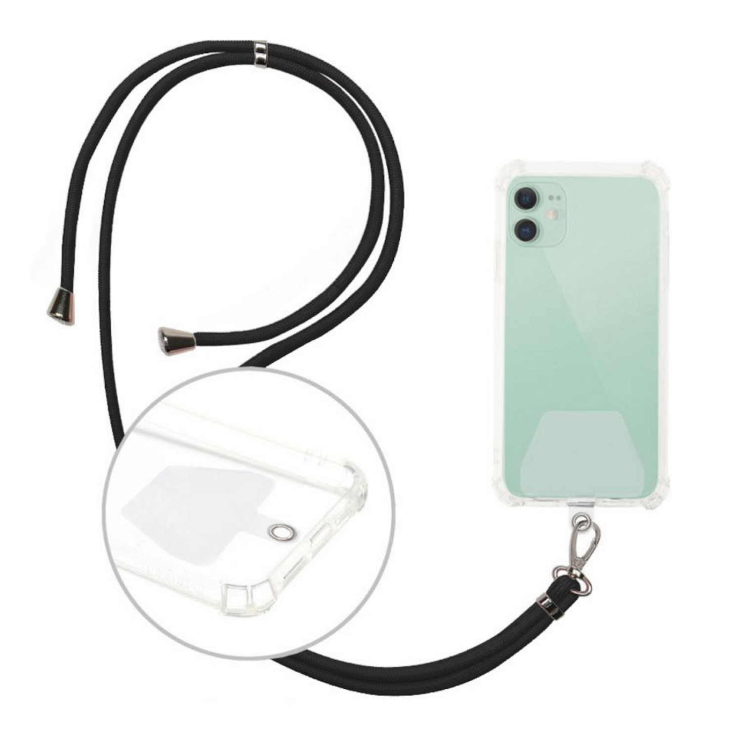 Eine transparente Handyhülle mit schwarzem Kordel, Metallverschluss und iPhone.