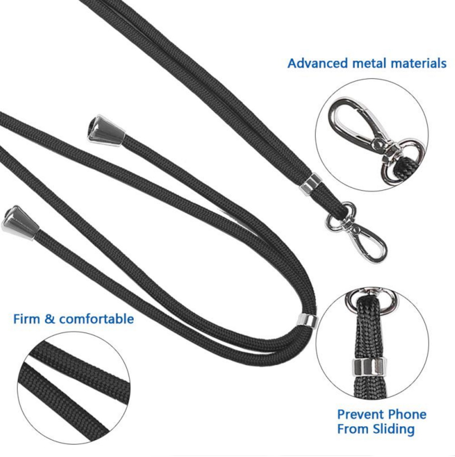 Schwarzes Telefon-Lanyard mit Metallverschlüssen. Nahansicht.