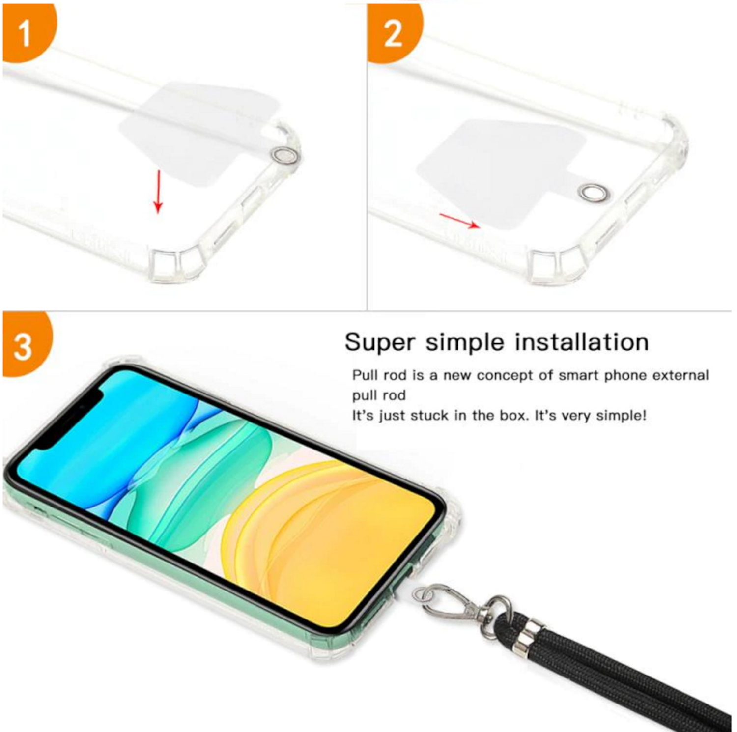 Drei Bilder, die die Installation einer Handyhülle auf einem Telefon zeigen.