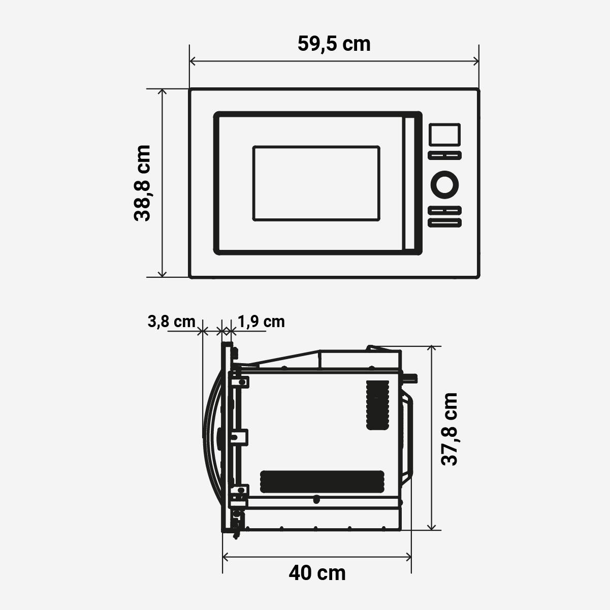 Diagrama de microondas. Vista superior y lateral, con dimensiones para la instalación.